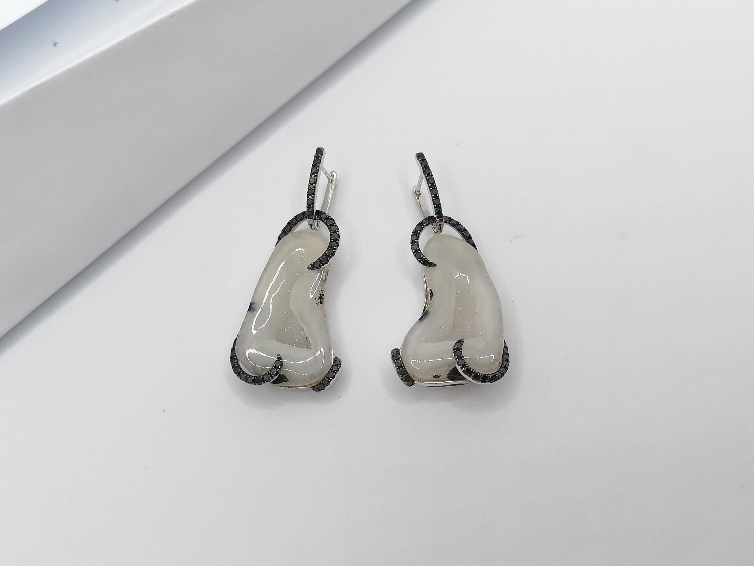 Quartz Geode with Black Diamond Earrings Set in 18 Karat White Gold Settings For Sale 1