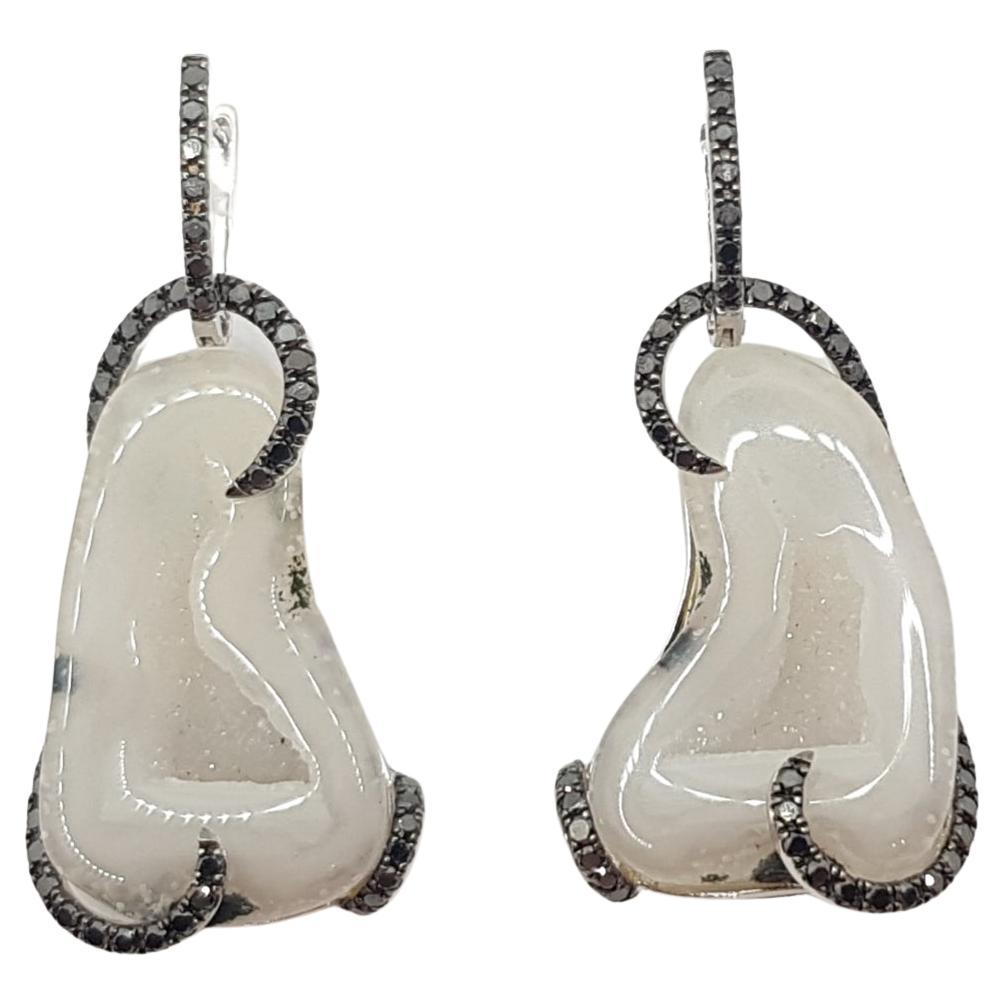 Quartz Geode with Black Diamond Earrings Set in 18 Karat White Gold Settings For Sale