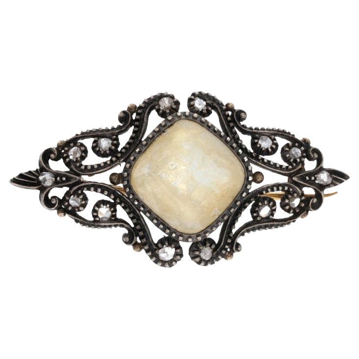 Quartz & Glass Doublet Georgian Brooch, Silver & 18k Gold Antique w/ Diamonds For Sale