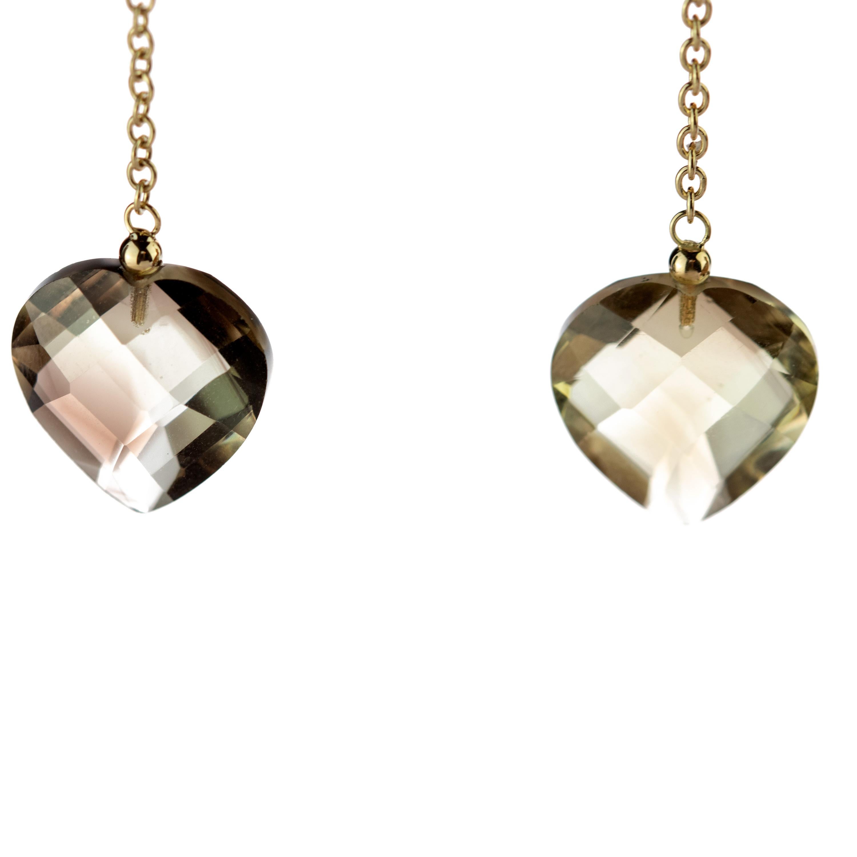 Pendants d'oreilles cocktail en or jaune 18 carats avec pendentif en forme de cœur en quartz en vente 1