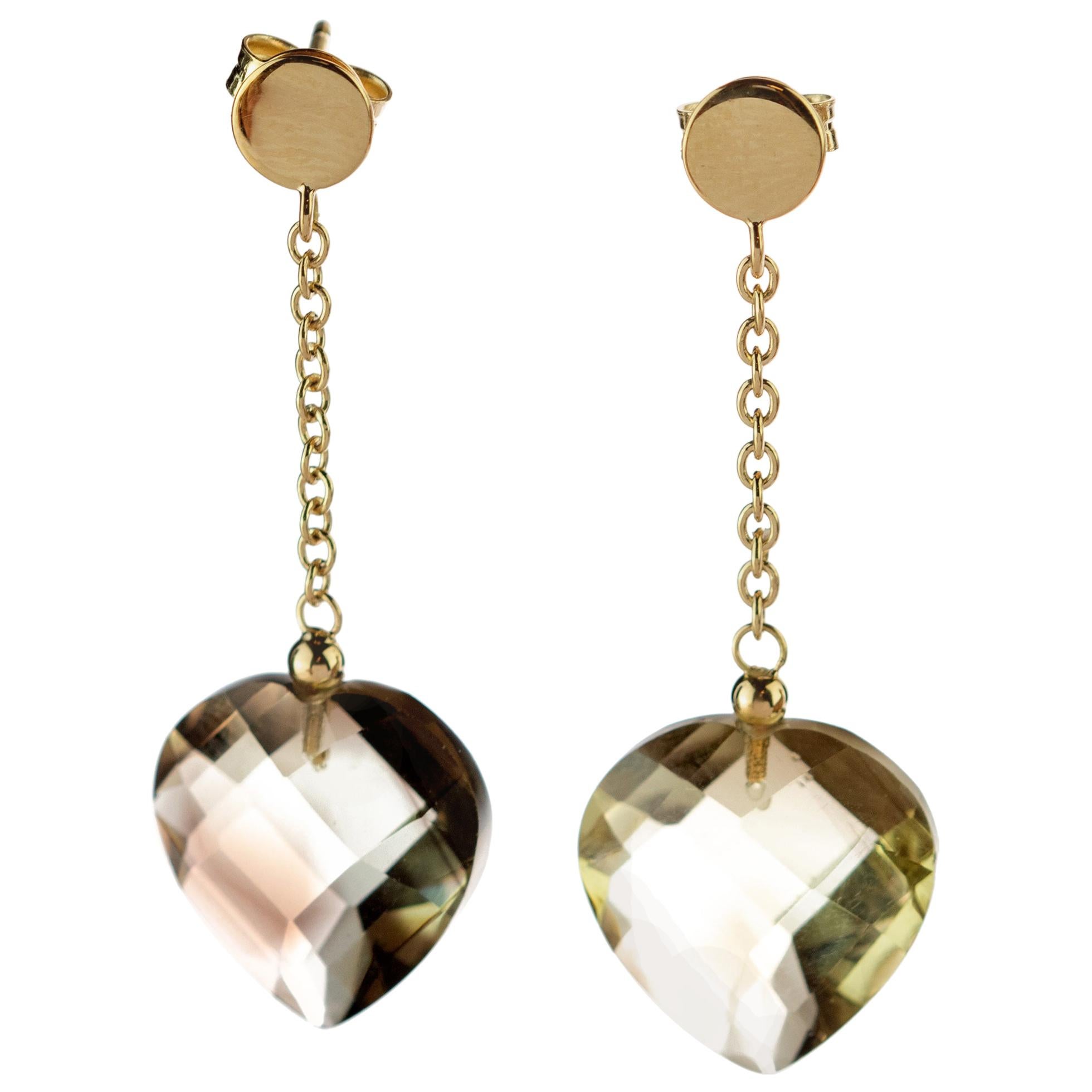 Cuore di quarzo in oro giallo 18 carati, orecchini a goccia con catena, cocktail, amore e deco