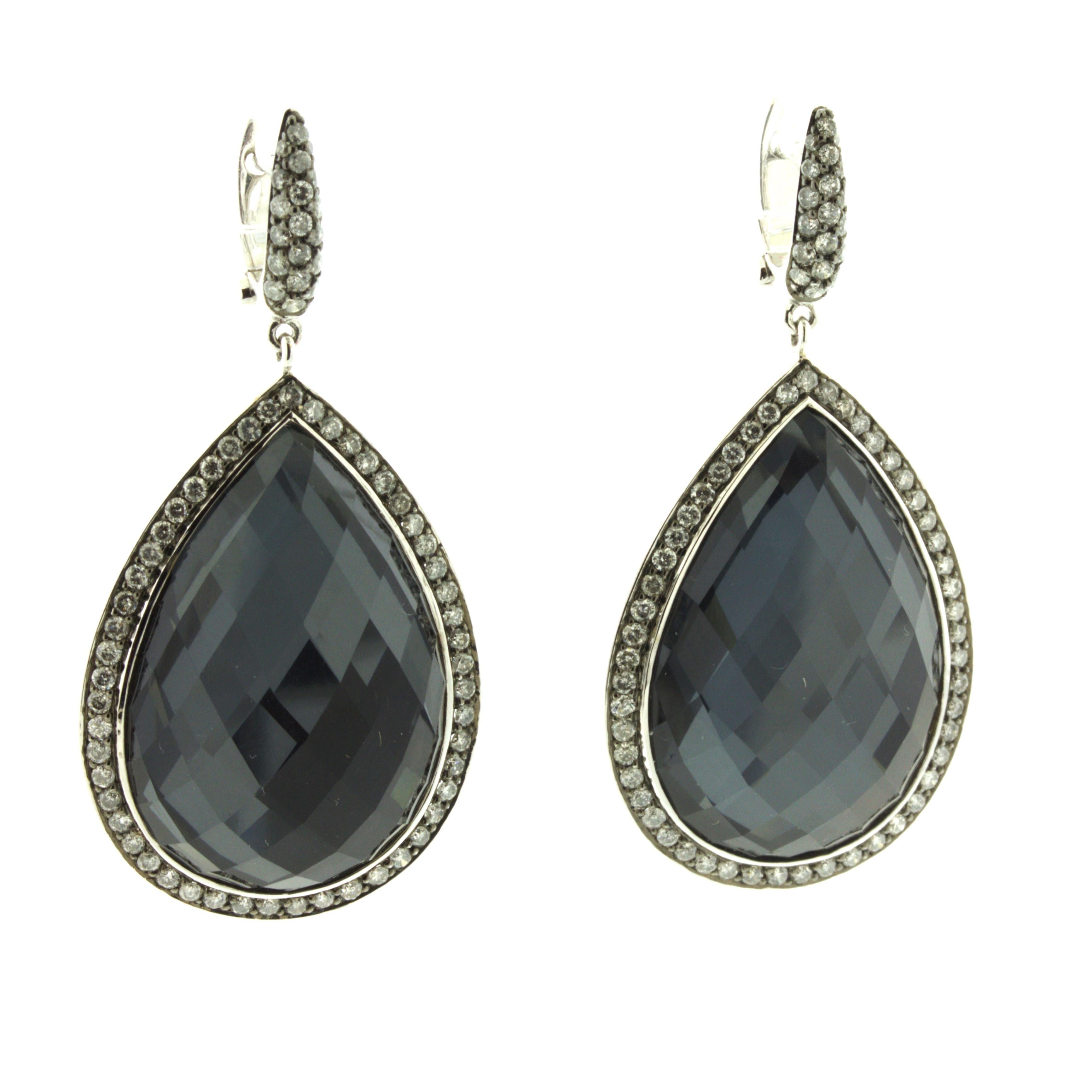 Quartz & Hematite Diamond Halo 18k White Gold Drop Earrings In New Condition For Sale In Beverly Hills, CA