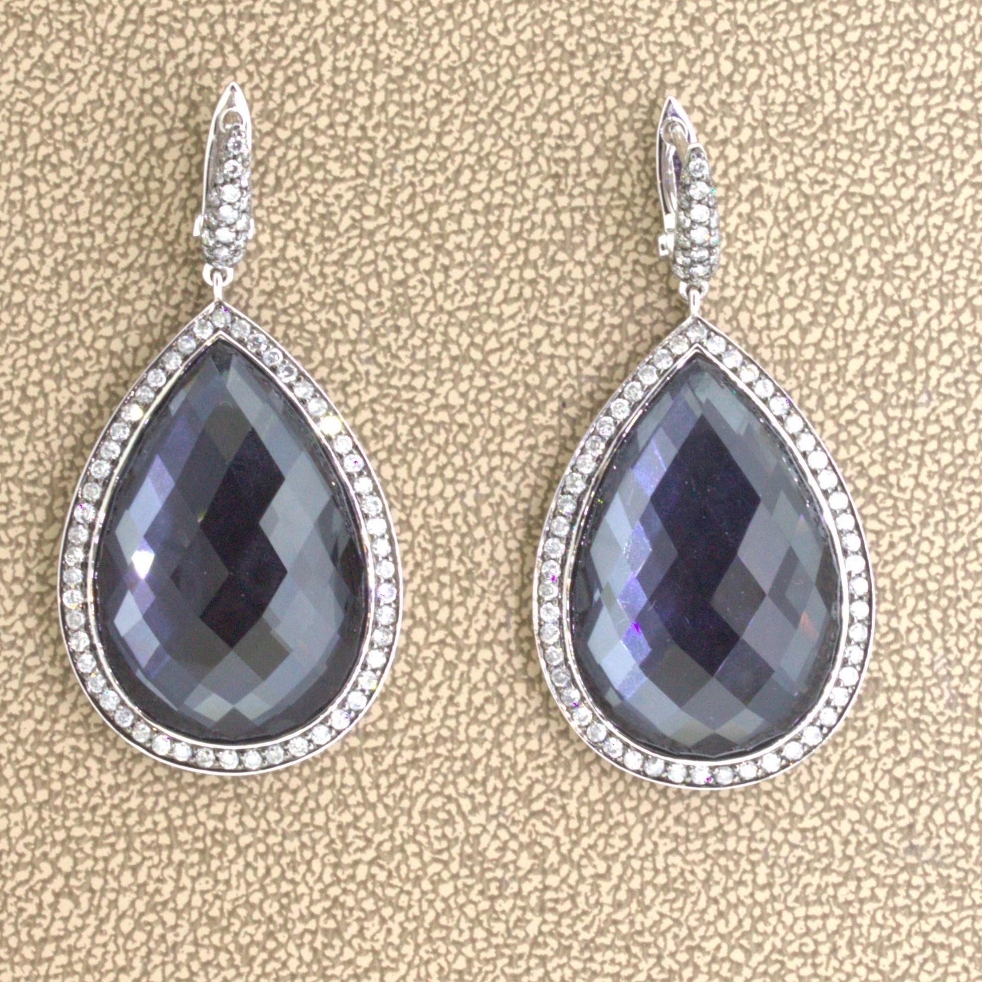 Quartz & Hematite Diamond Halo 18k White Gold Drop Earrings For Sale 2