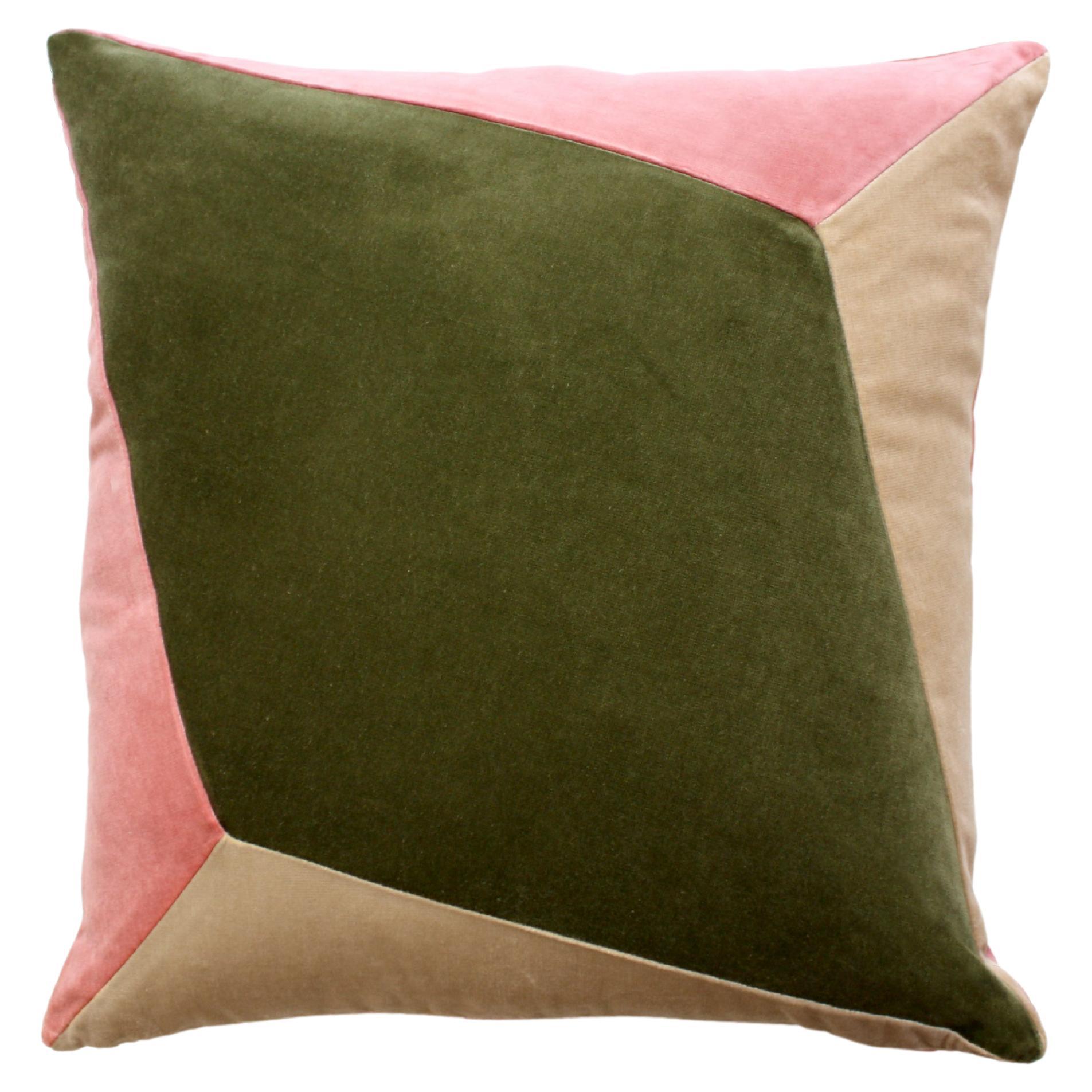 Quartz II Rose & Dry Green Velvet Deluxe Handmade Decorative Pillow For Sale