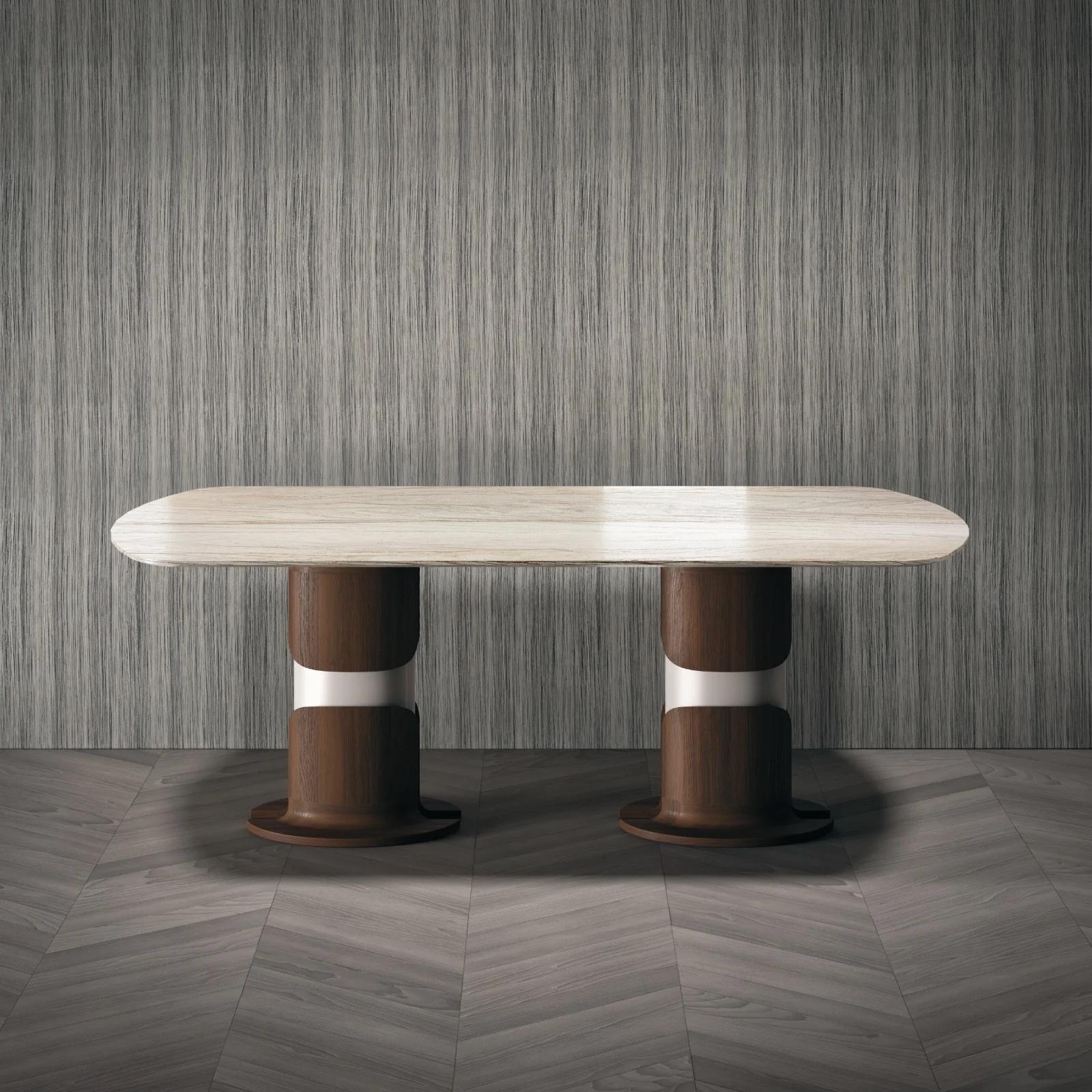 Modern Dining Table, Quartz Top, Walnut and Lacquered Wood Base For Sale