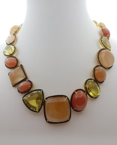 Quartz, Moonstone, Lemon Quartz and Black Sapphire Necklace in Silver Settings