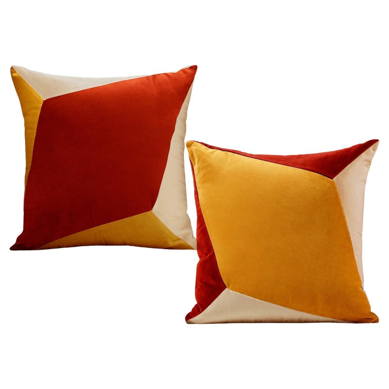 QUARTZ Mustard Yellow and Brick Set of 2 Velvet Deluxe Handmade Cushions For Sale at 1stDibs