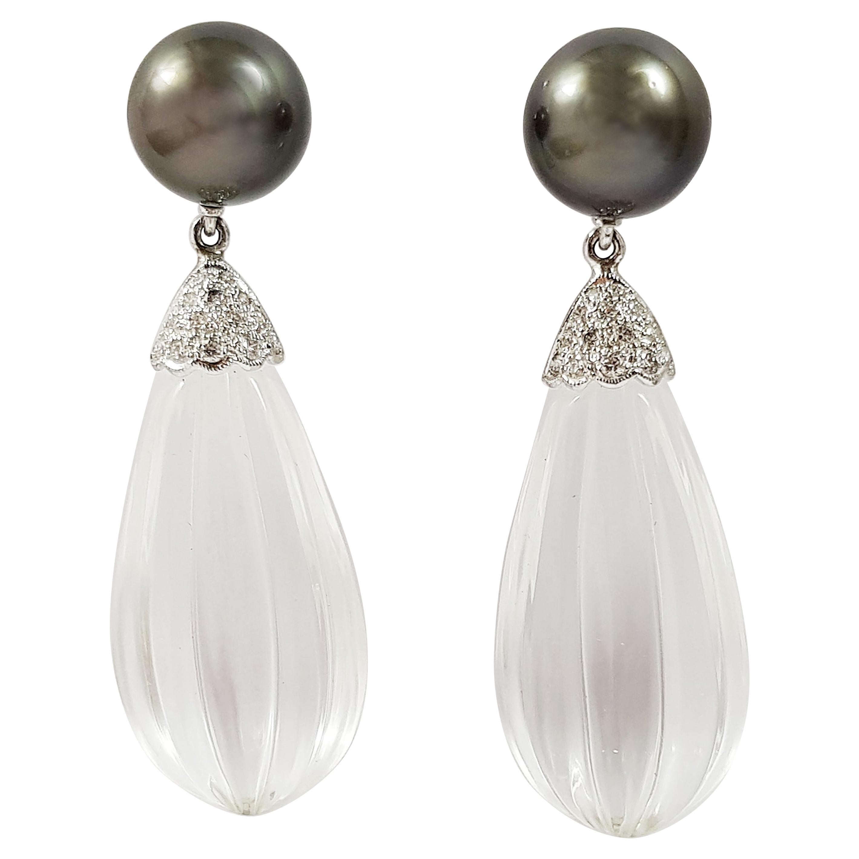 Quartz, Pearl with Diamond Earrings Set in 18 Karat White Gold Settings For Sale