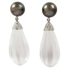 Quartz, Pearl with Diamond Earrings Set in 18 Karat White Gold Settings
