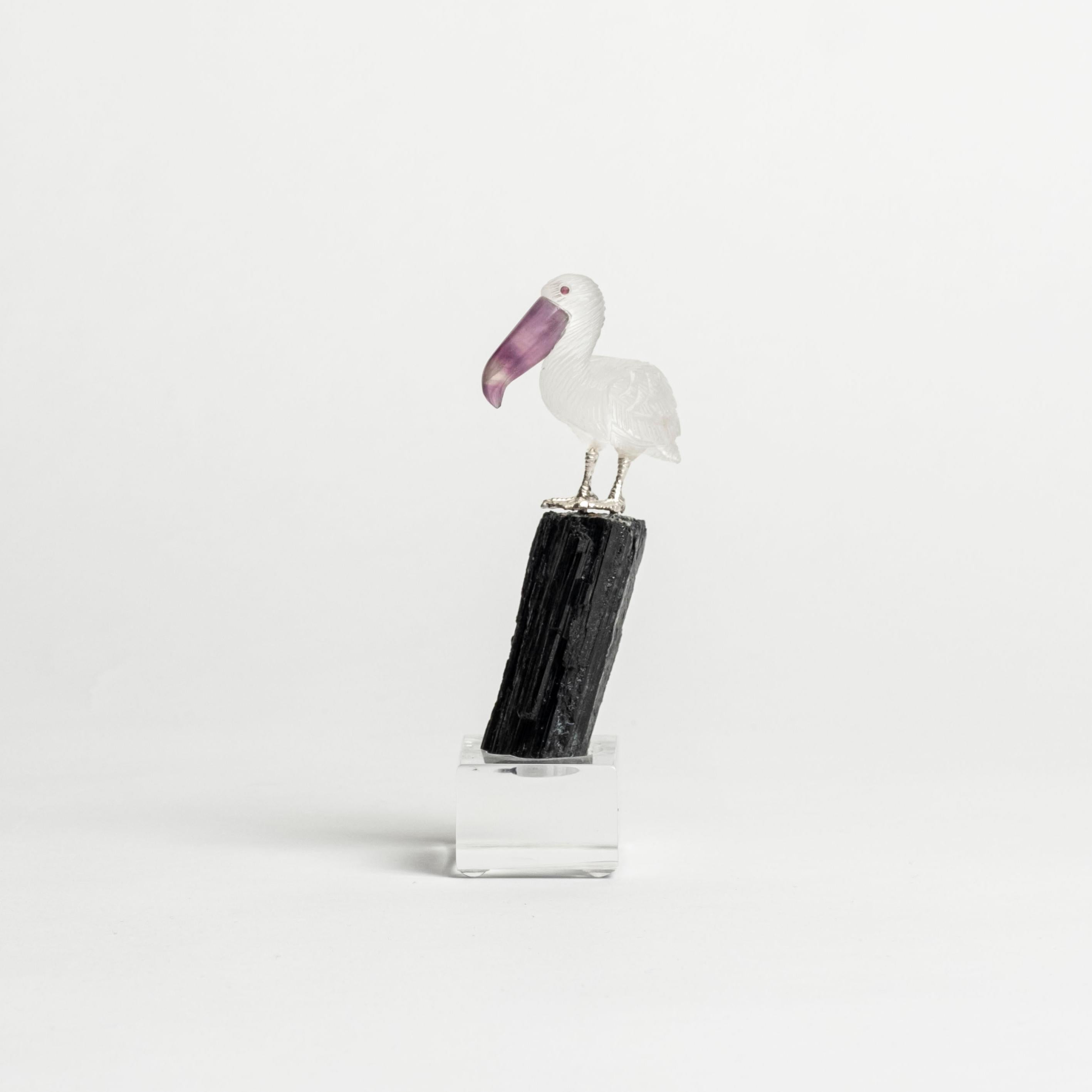 Hand-Carved Quartz Pelican on Black Tourmaline For Sale