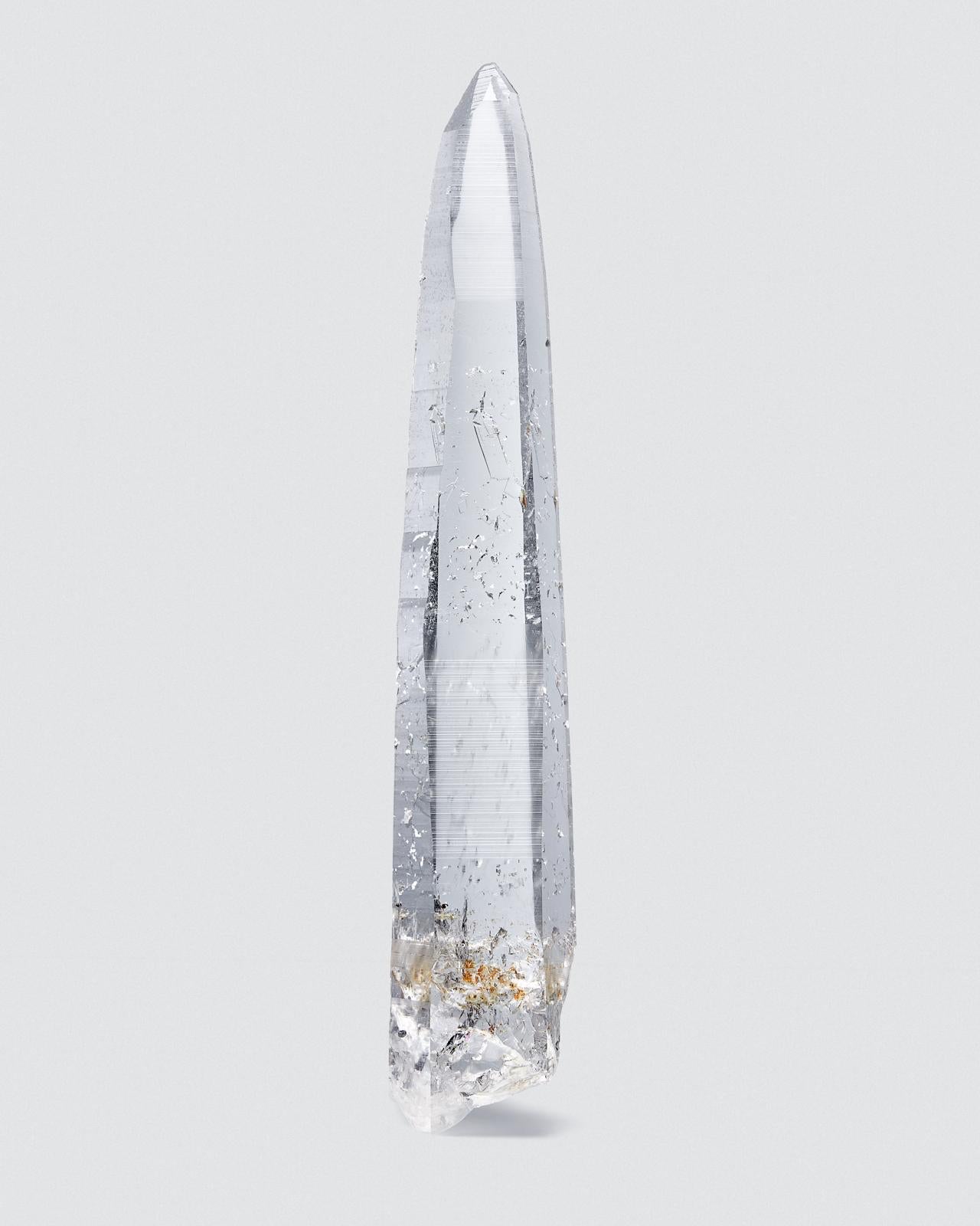 Quartz.

Penas blancas mine, Vasquez-Yacopi dist.,
Boyaca Dept., Colombia.

Measures: 45 cm tall x 7.6 cm wide.

At least 12% of the earth's crust is quartz, making it one of the most common minerals. Quartz has played many roles throughout