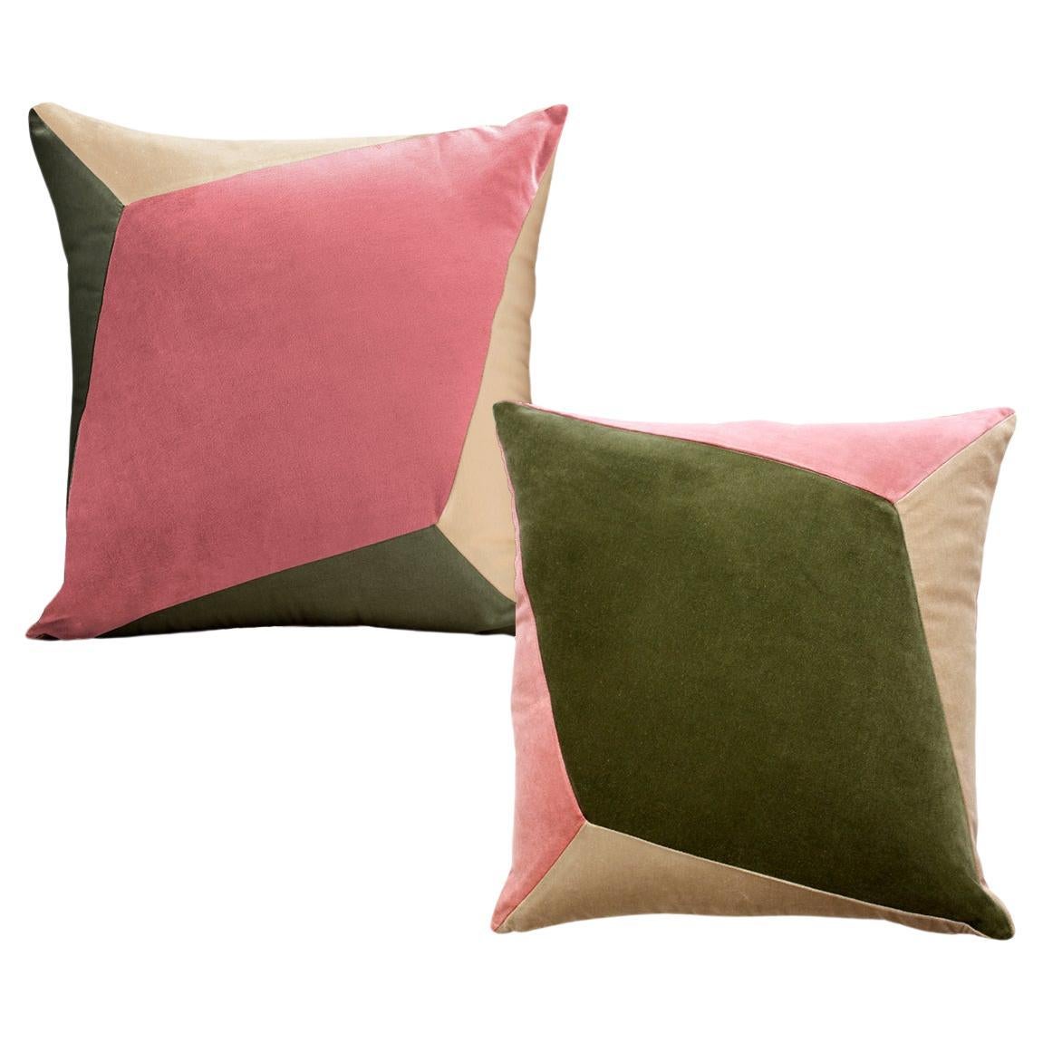 QUARTZ Rosa y verde seco - Juego de 2 cojines de terciopelo de lujo hechos a mano