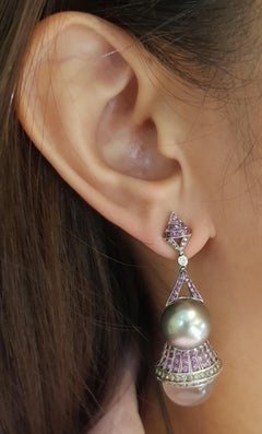 Quartz, Pink Sapphire, Brown Diamond Earrings Set in 18 Karat White Gold Setting