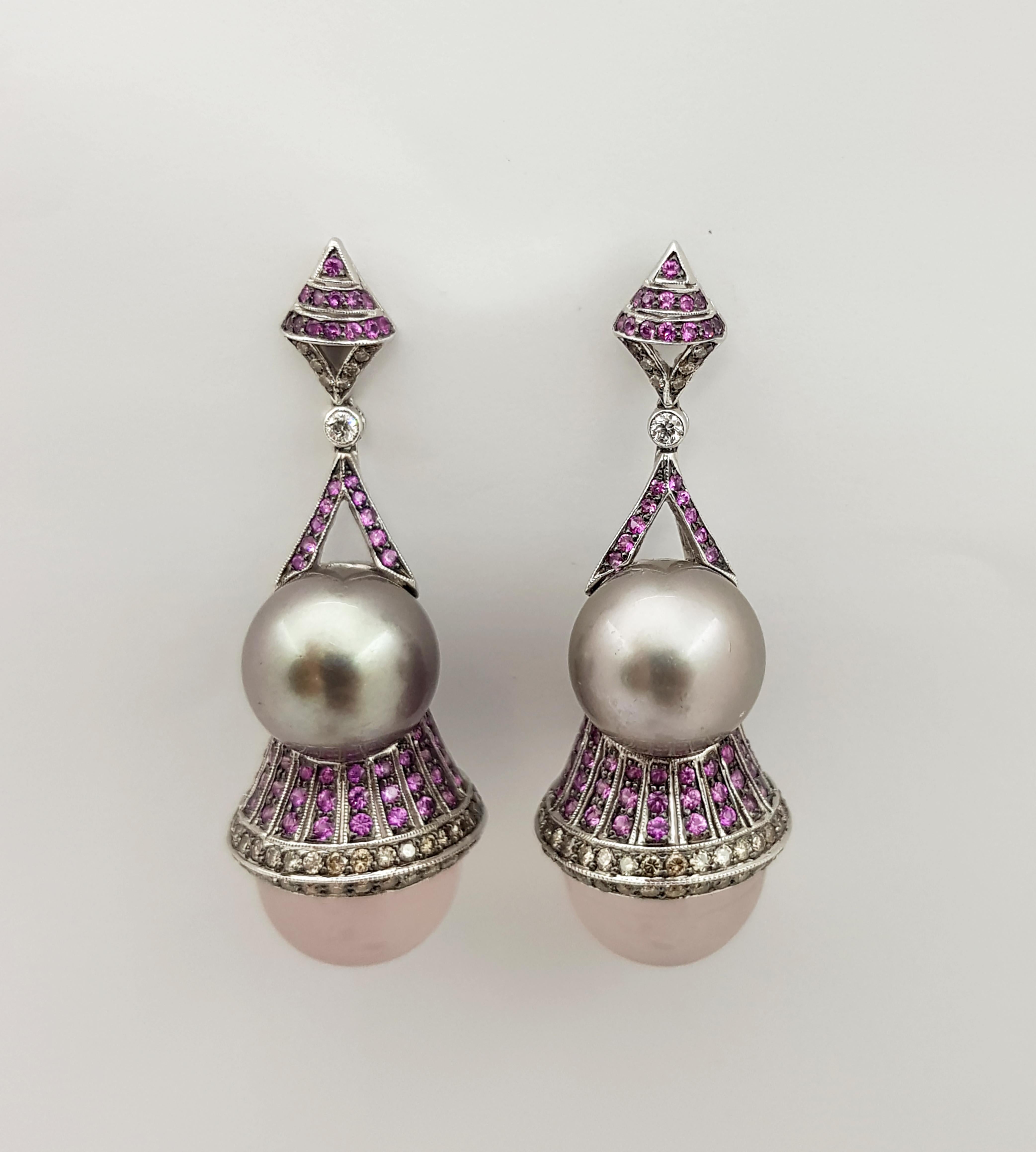 Contemporary Quartz, Pink Sapphire, Brown Diamond Earrings Set in 18 Karat White Gold Setting For Sale