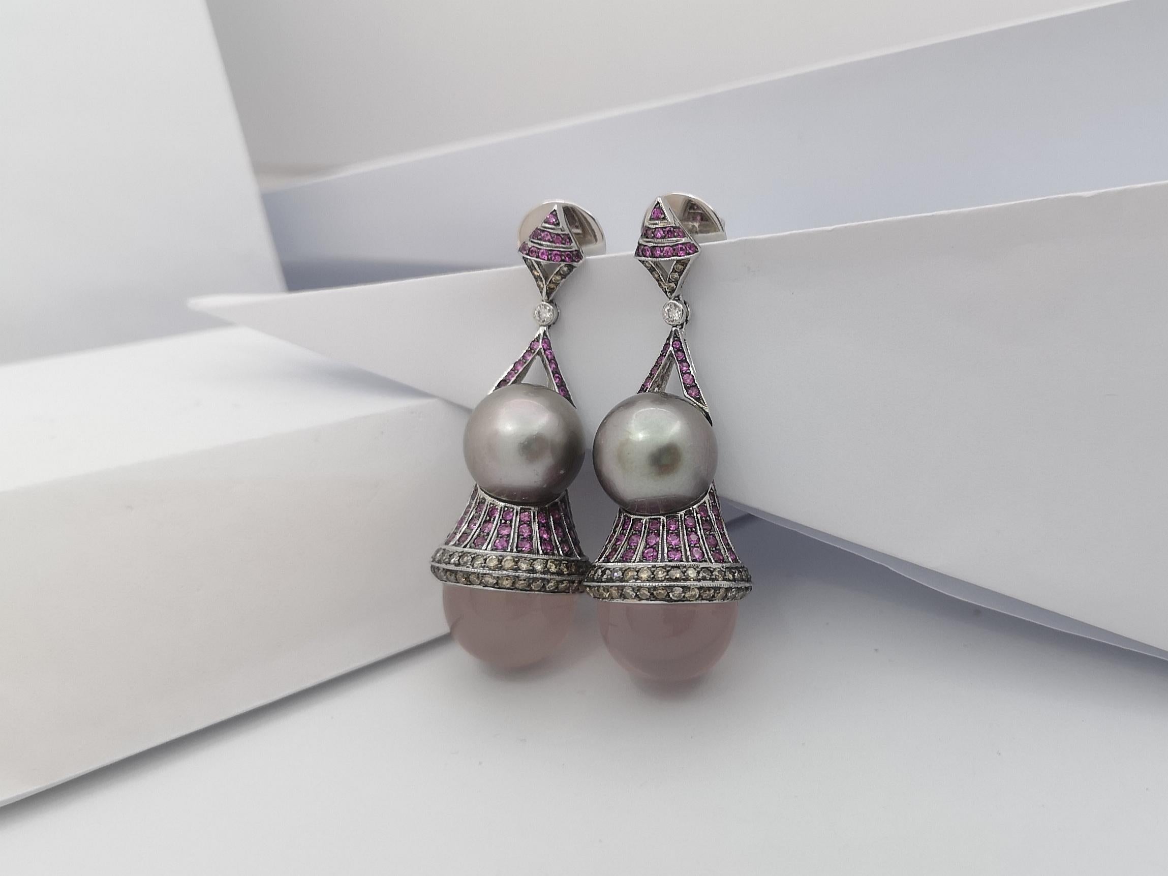 Mixed Cut Quartz, Pink Sapphire, Brown Diamond Earrings Set in 18 Karat White Gold Setting For Sale