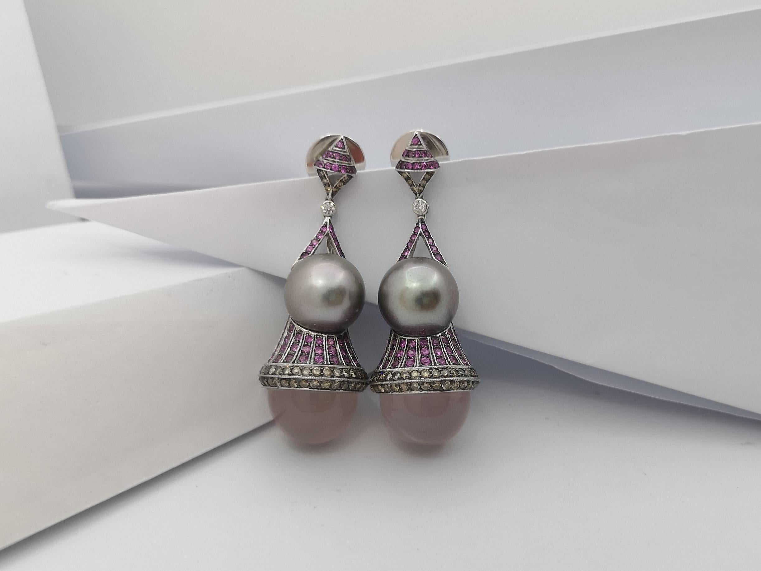 Quartz, Pink Sapphire, Brown Diamond Earrings Set in 18 Karat White Gold Setting In New Condition For Sale In Bangkok, TH