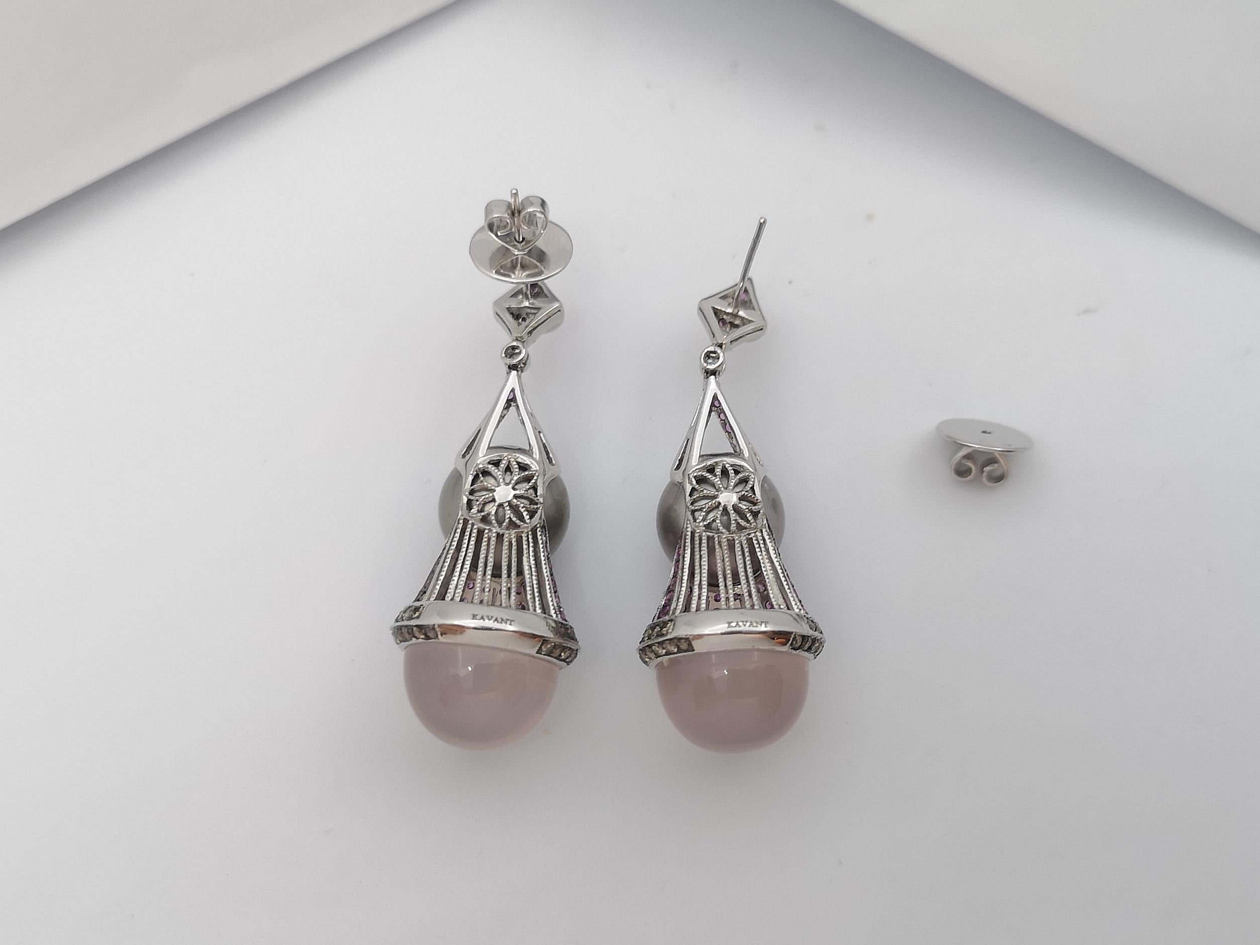 Quartz, Pink Sapphire, Brown Diamond Earrings Set in 18 Karat White Gold Setting For Sale 1