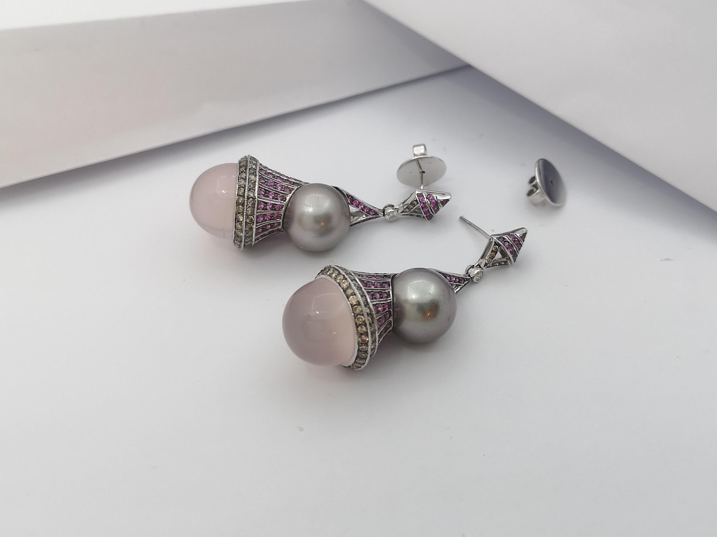 Quartz, Pink Sapphire, Brown Diamond Earrings Set in 18 Karat White Gold Setting For Sale 2