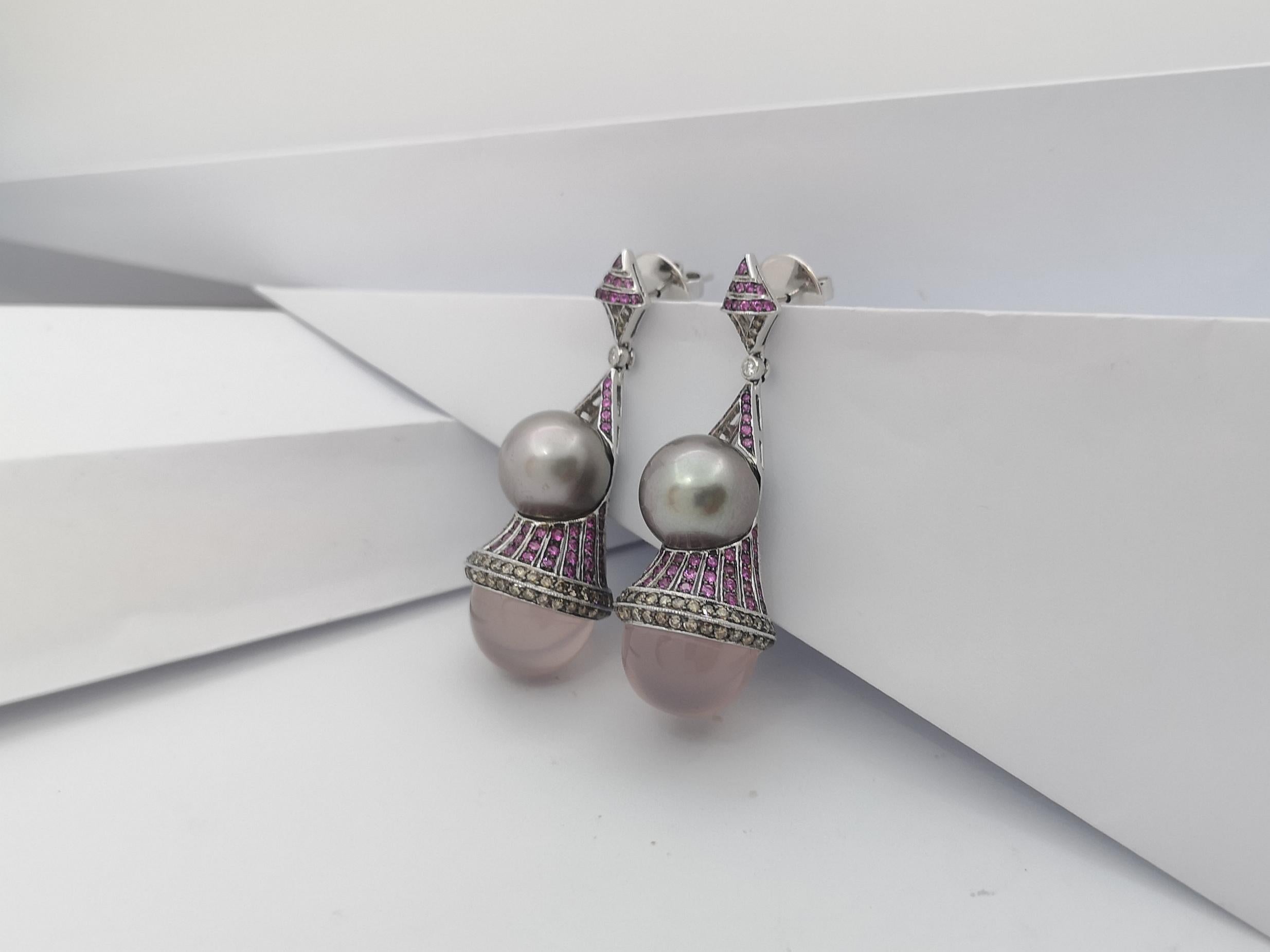 Quartz, Pink Sapphire, Brown Diamond Earrings Set in 18 Karat White Gold Setting For Sale 3