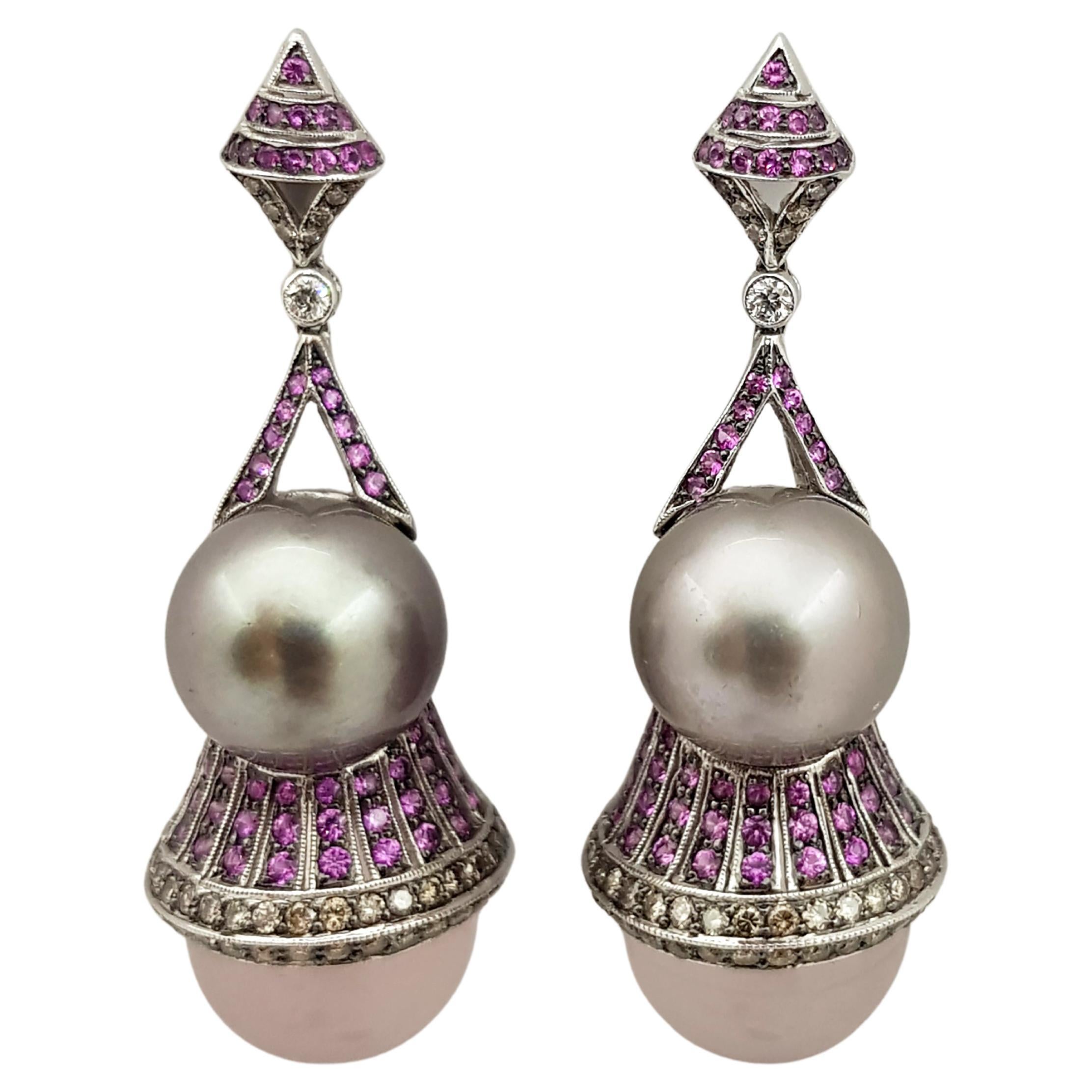 Quartz, Pink Sapphire, Brown Diamond Earrings Set in 18 Karat White Gold Setting For Sale