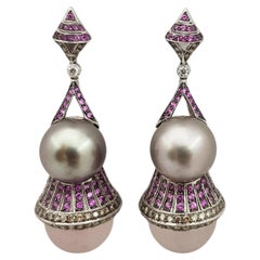 Quartz, Pink Sapphire, Brown Diamond Earrings Set in 18 Karat White Gold Setting
