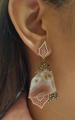 Quartz, Pink Sapphire, Brown Diamond Organic Earrings in 18K Gold