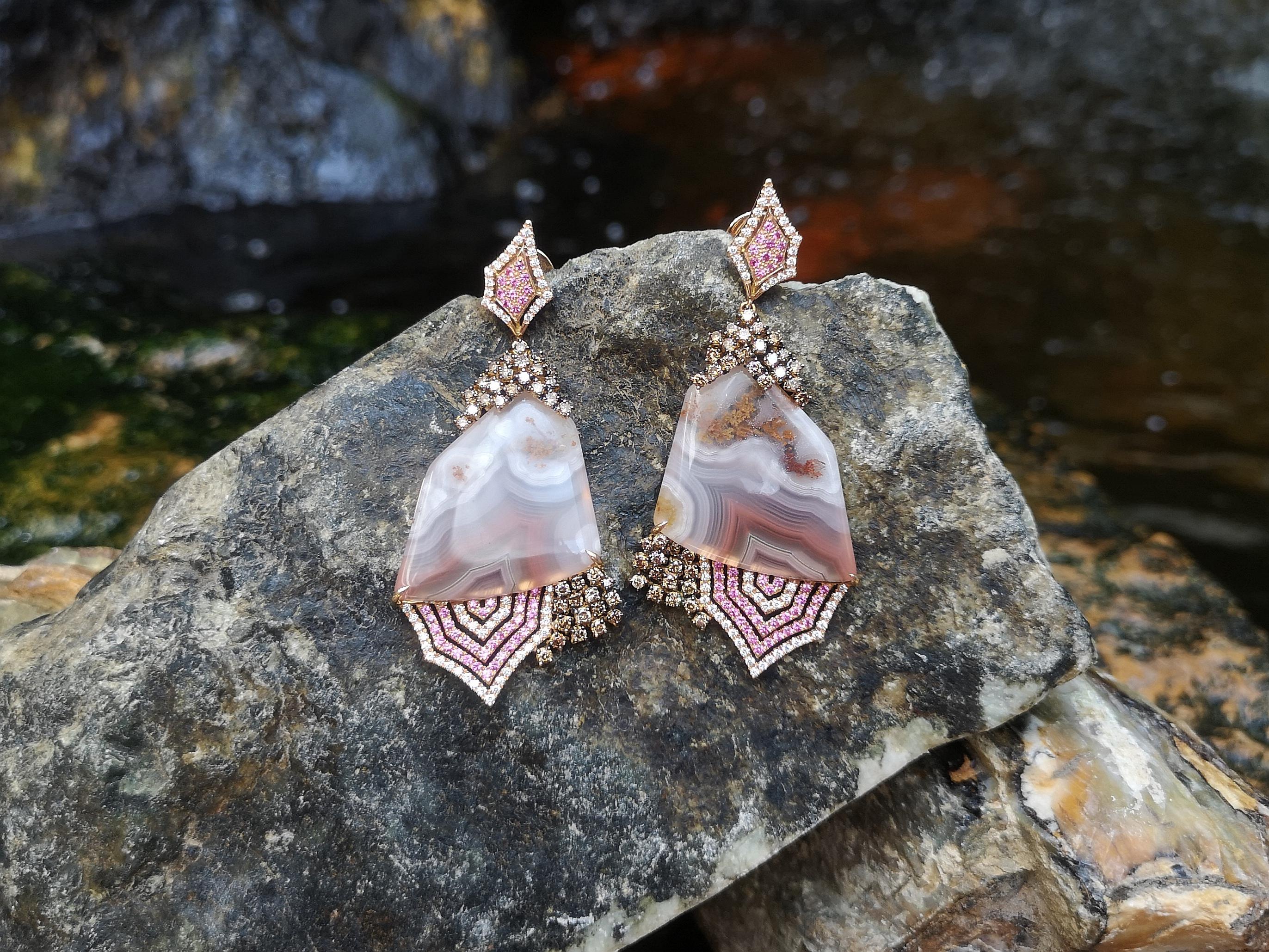Contemporary Quartz, Pink Sapphire, Brown Diamond Organic Earrings in 18K Gold For Sale