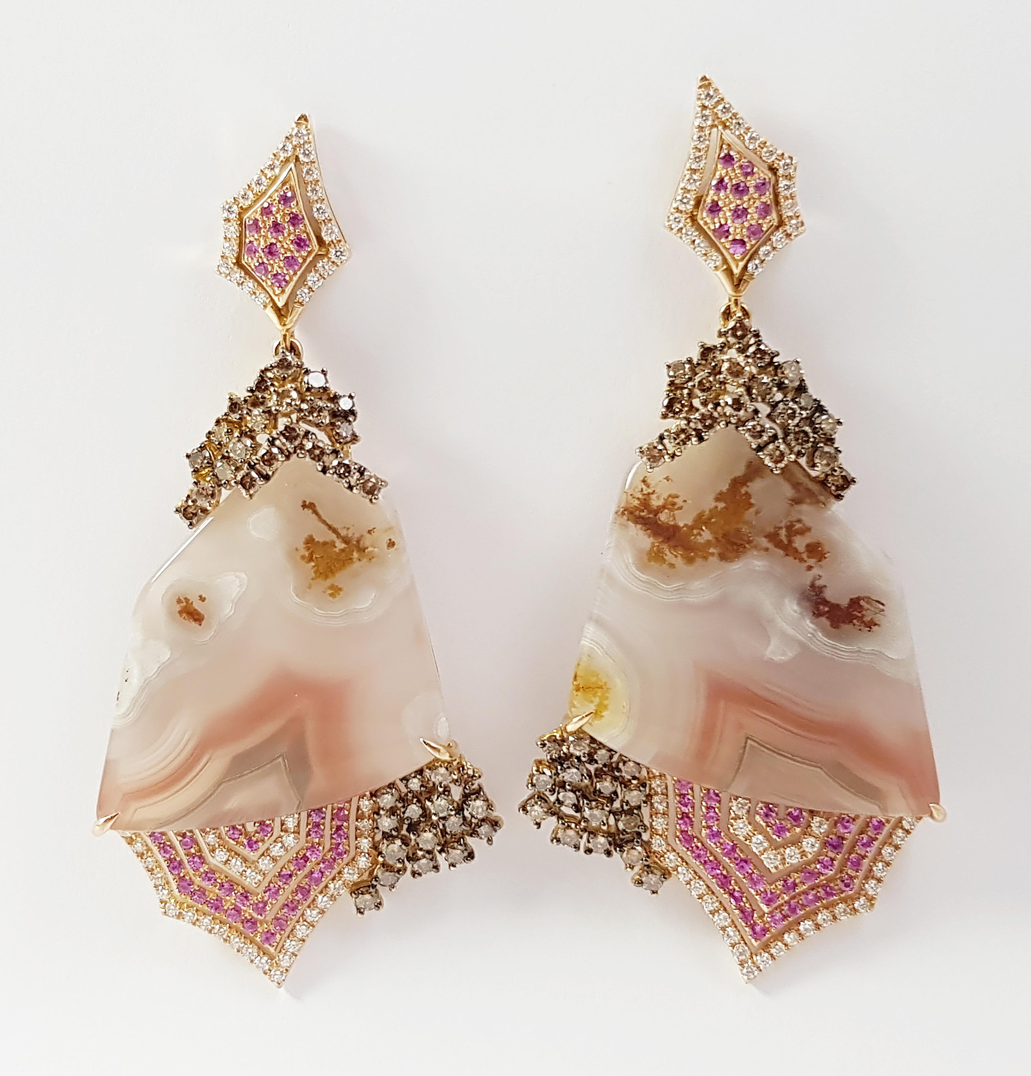 Mixed Cut Quartz, Pink Sapphire, Brown Diamond Organic Earrings in 18k Gold For Sale