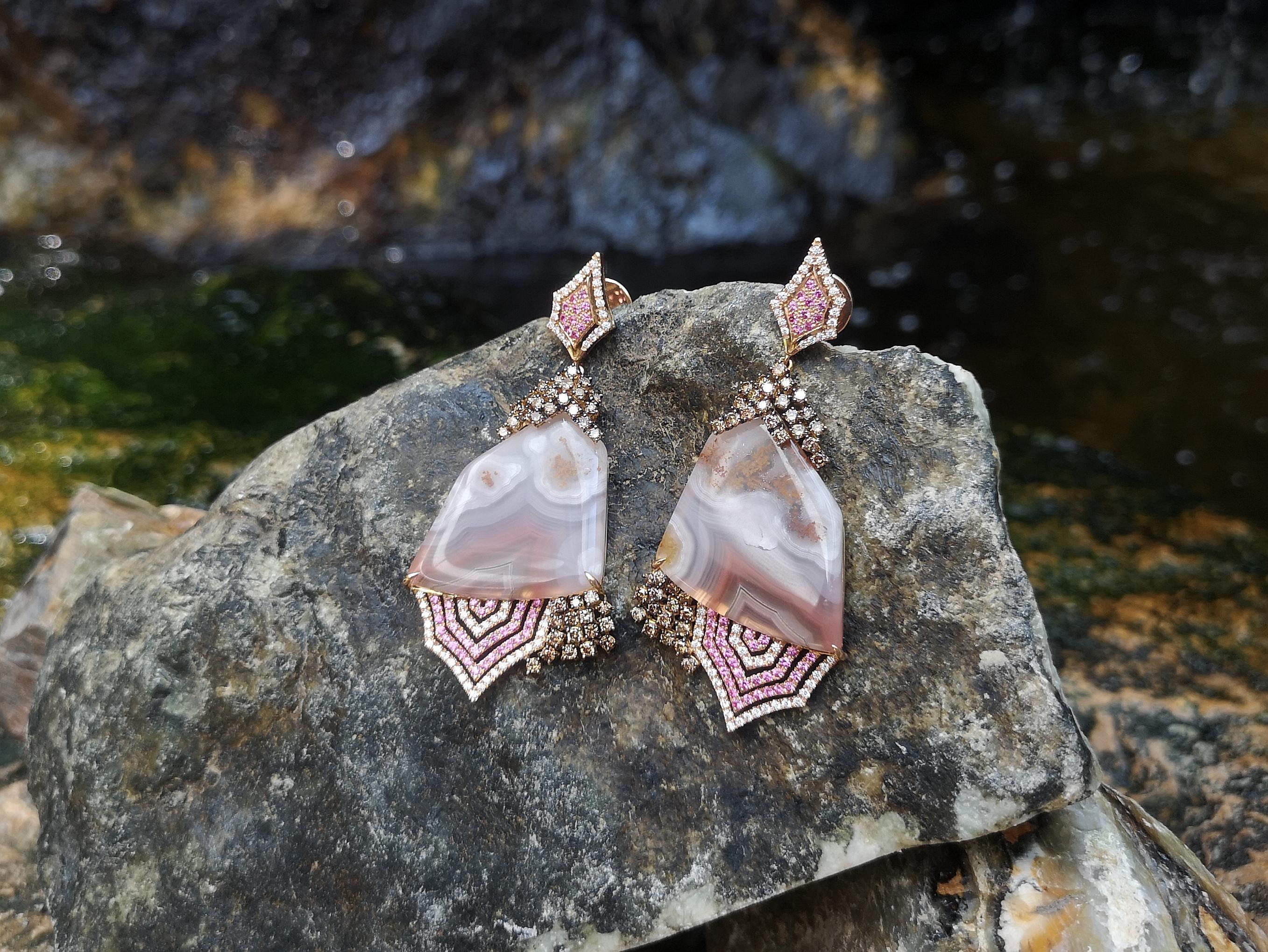 Mixed Cut Quartz, Pink Sapphire, Brown Diamond Organic Earrings in 18K Gold For Sale
