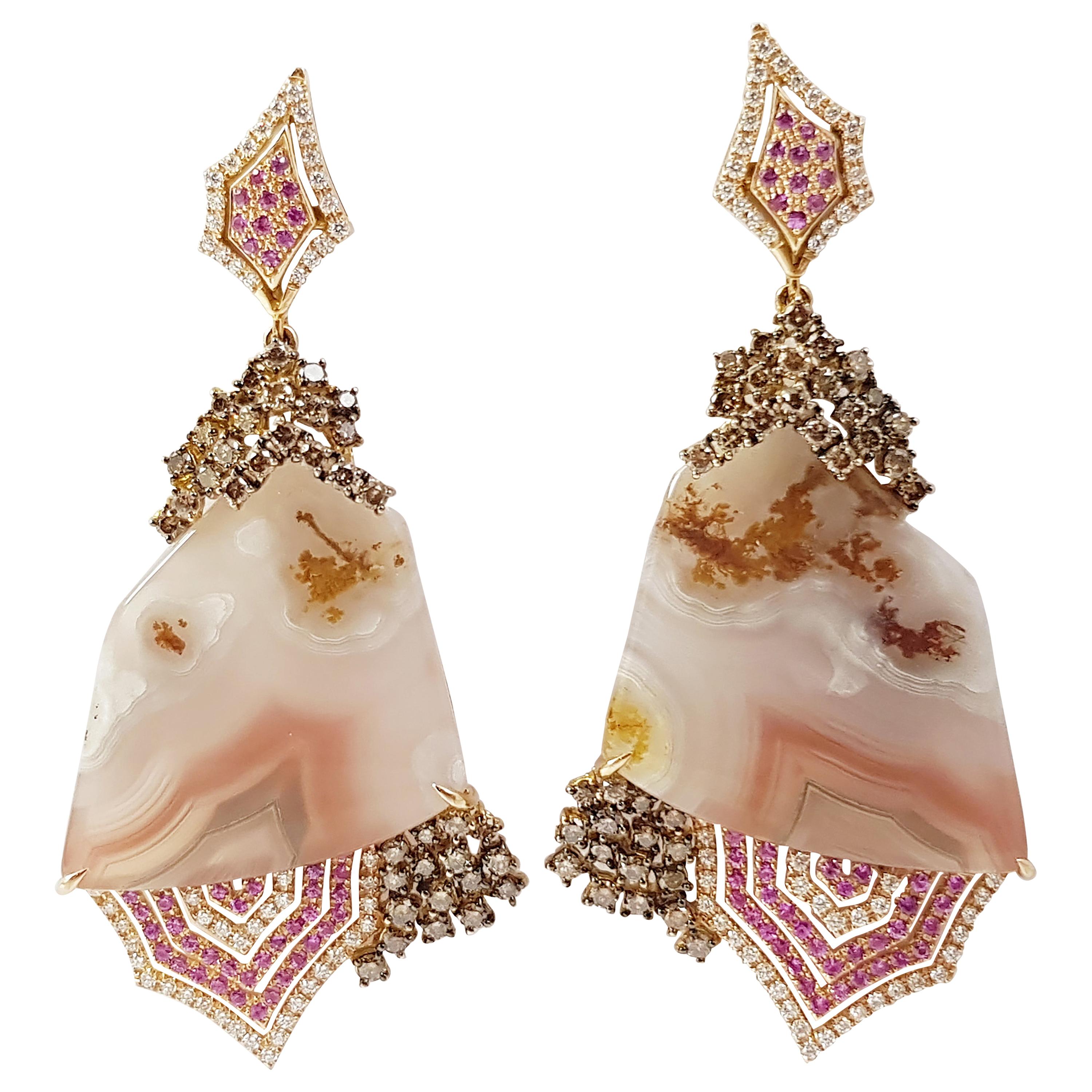 Boucles d'oreilles organiques en or 18 carats, quartz, saphir rose et diamant brun