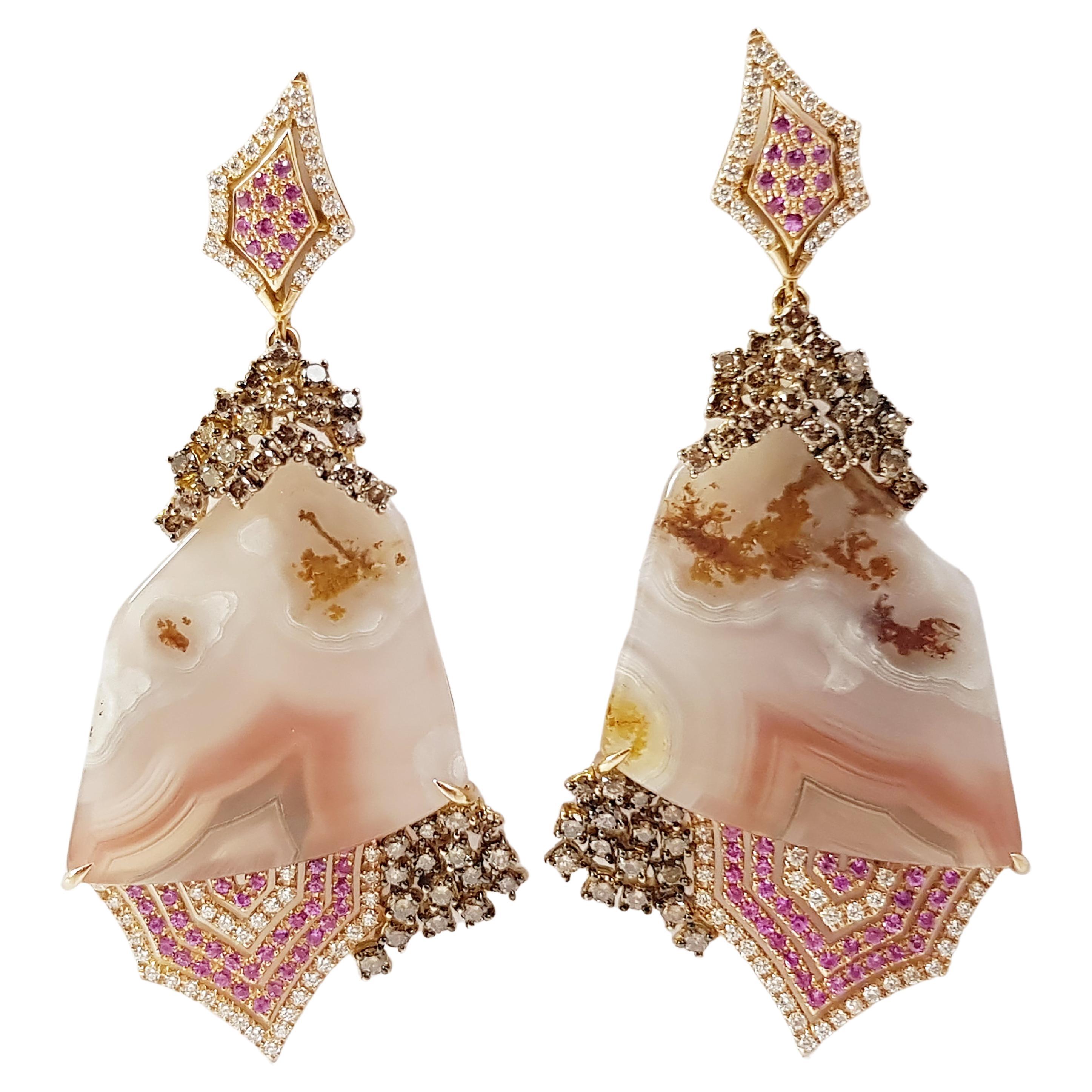Quartz, Pink Sapphire, Brown Diamond Organic Earrings in 18k Gold For Sale