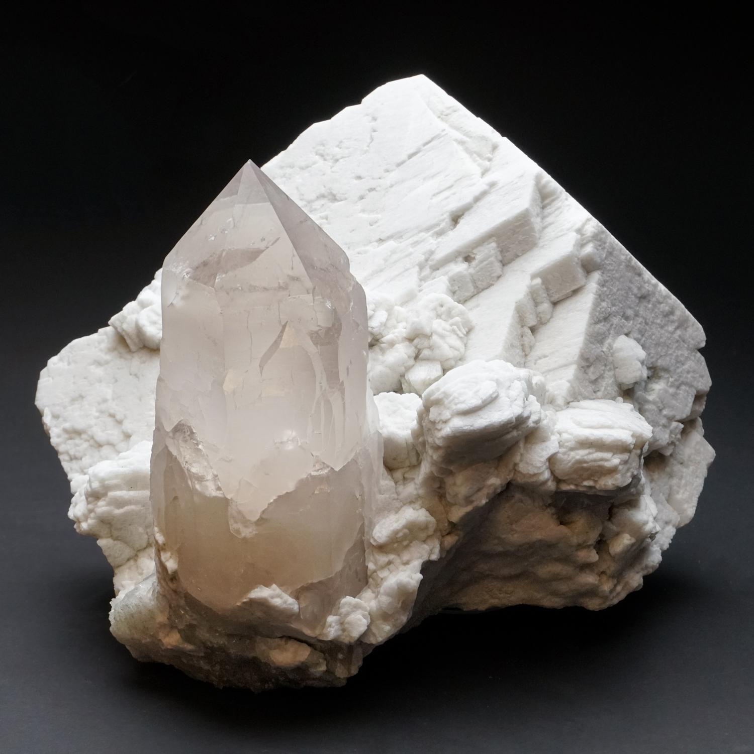 Natural Quartz Point on White Feldspar Crystal From Himalaya Mountains, India In Excellent Condition For Sale In New York, NY