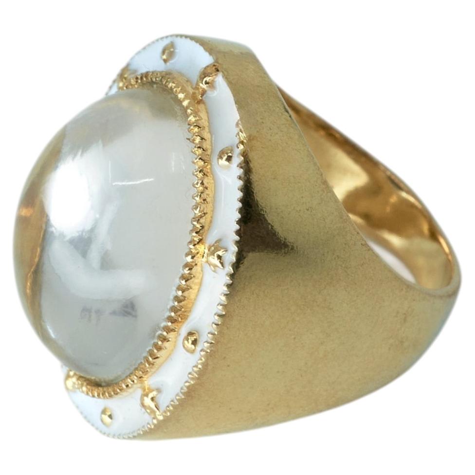 Crystal Quartz Ring Cocktail Ring White Enamel Gold Plated