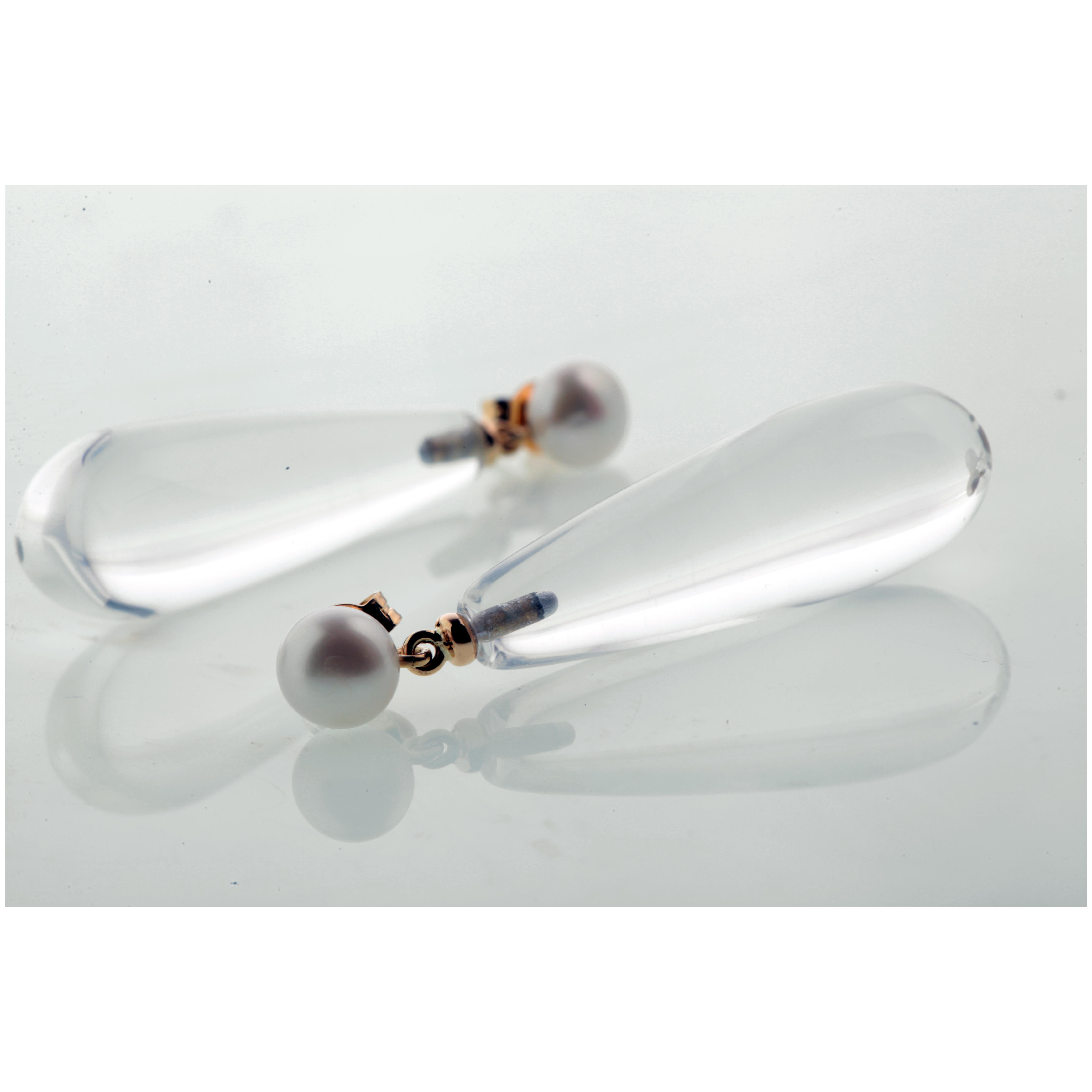 Art Nouveau Quartz Rock Crystal 18 Karat Gold Teardrop Dangle Modern Chic Italian Earrings For Sale