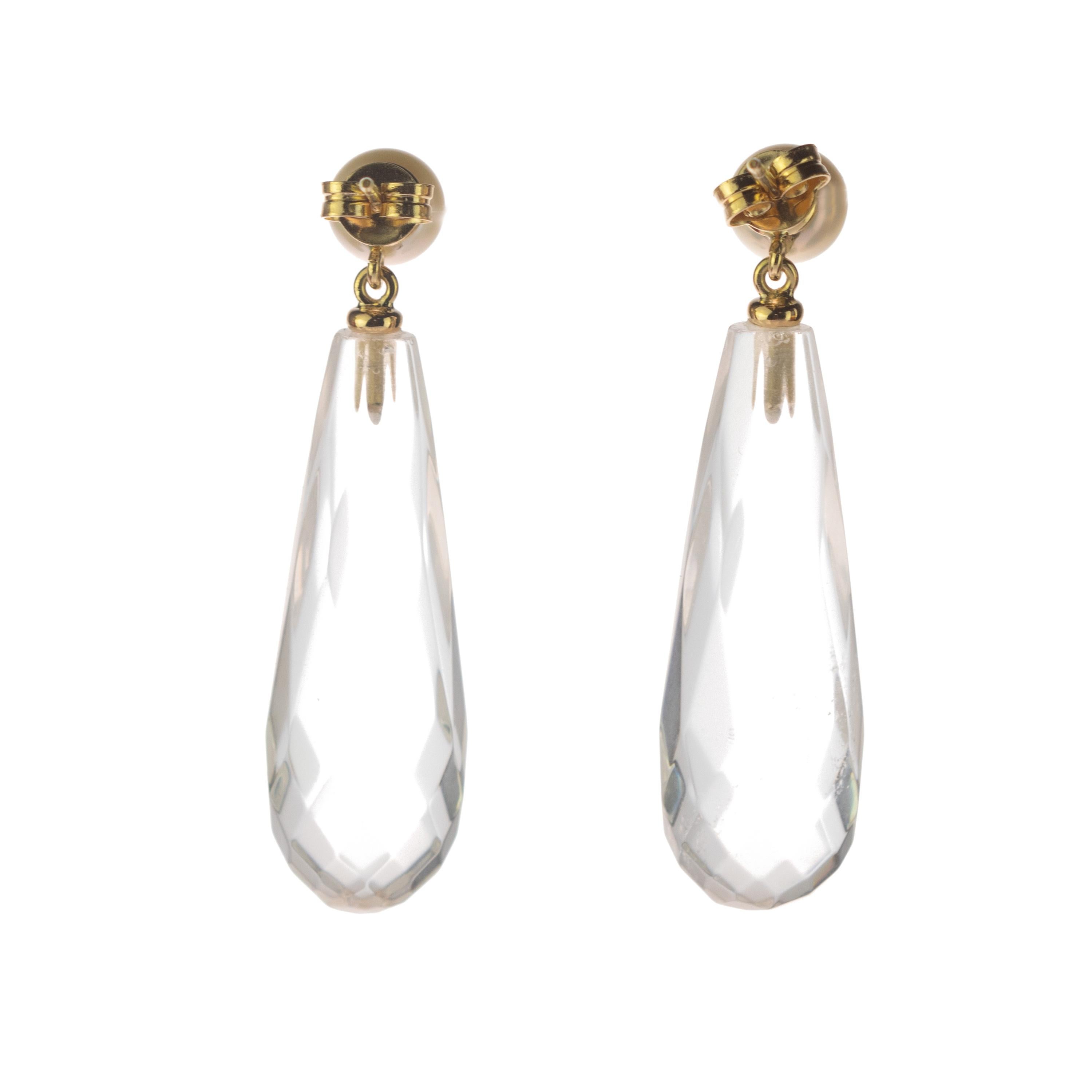 Art Nouveau Quartz Rock Crystal Pearl 18 Karat Gold Tear Drop Dangle Modern Italian Earrings For Sale