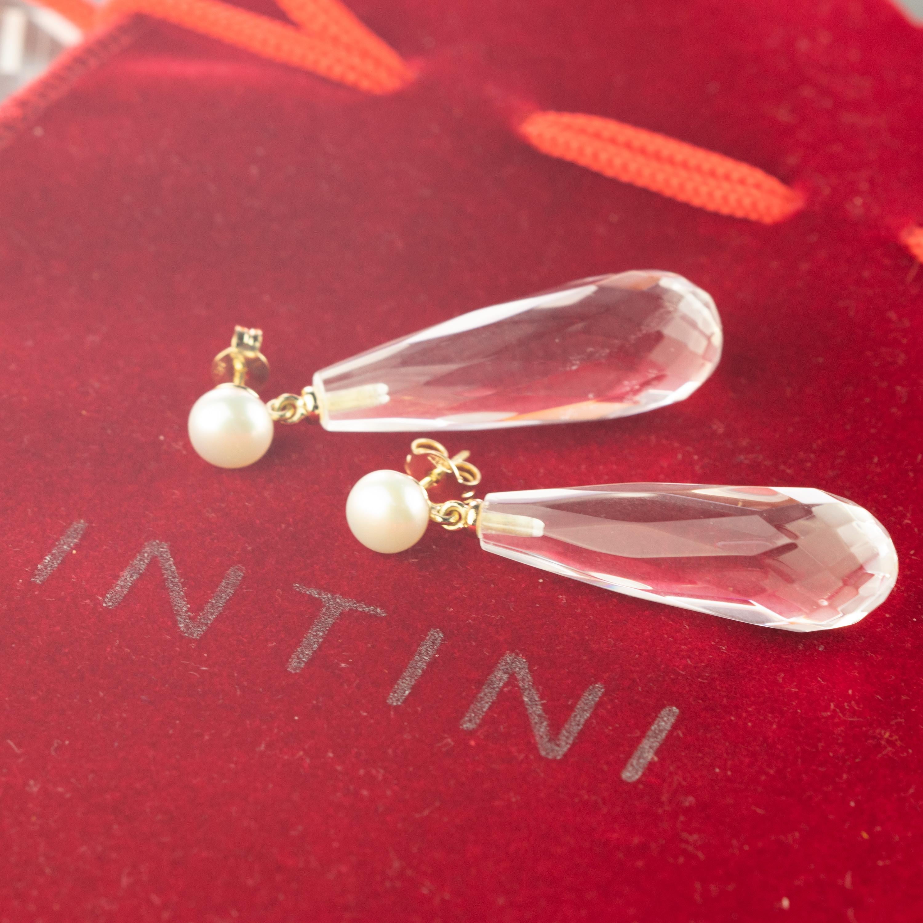 Mixed Cut Quartz Rock Crystal Pearl 18 Karat Gold Tear Drop Dangle Modern Italian Earrings For Sale