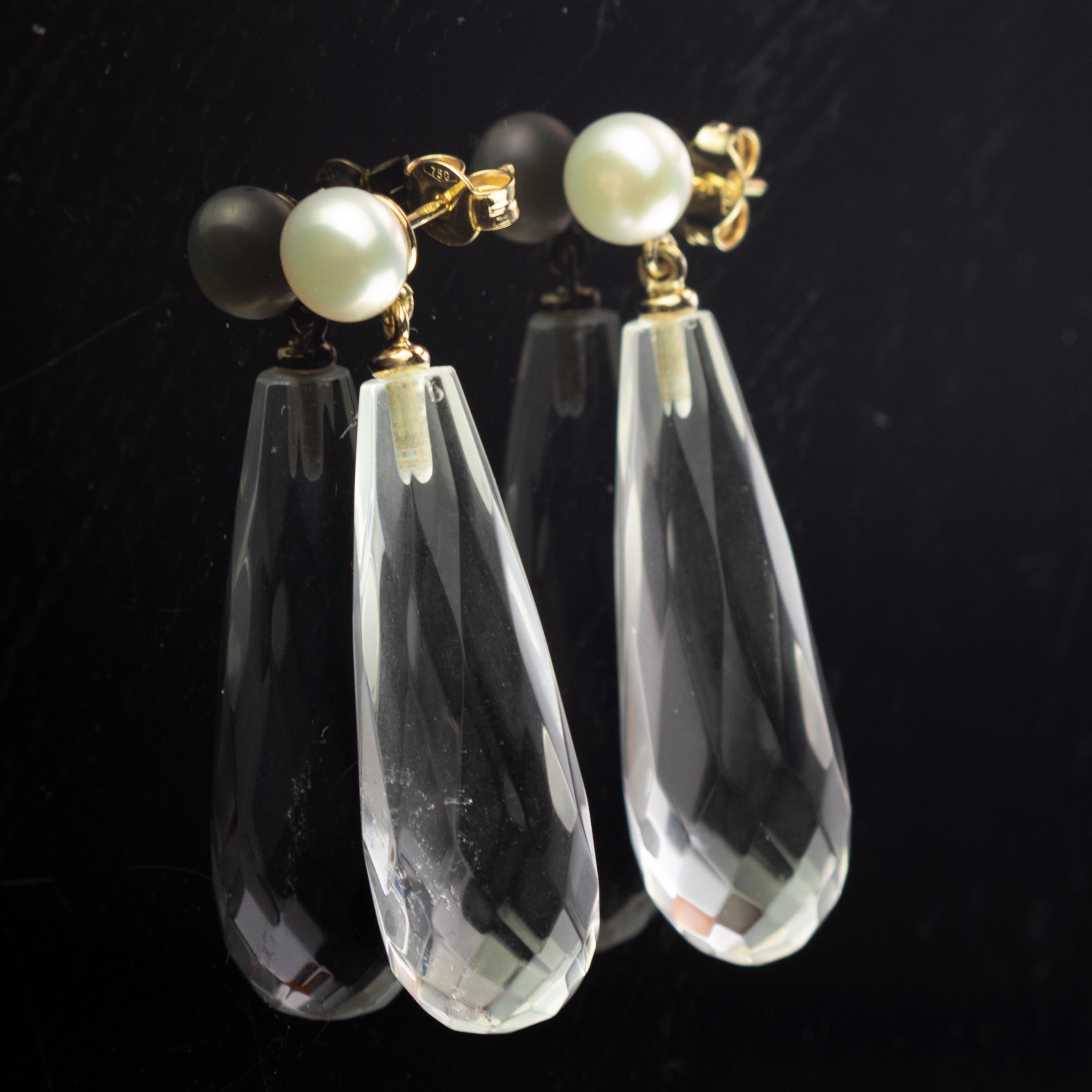 Women's Quartz Rock Crystal Pearl 18 Karat Gold Tear Drop Dangle Modern Italian Earrings For Sale