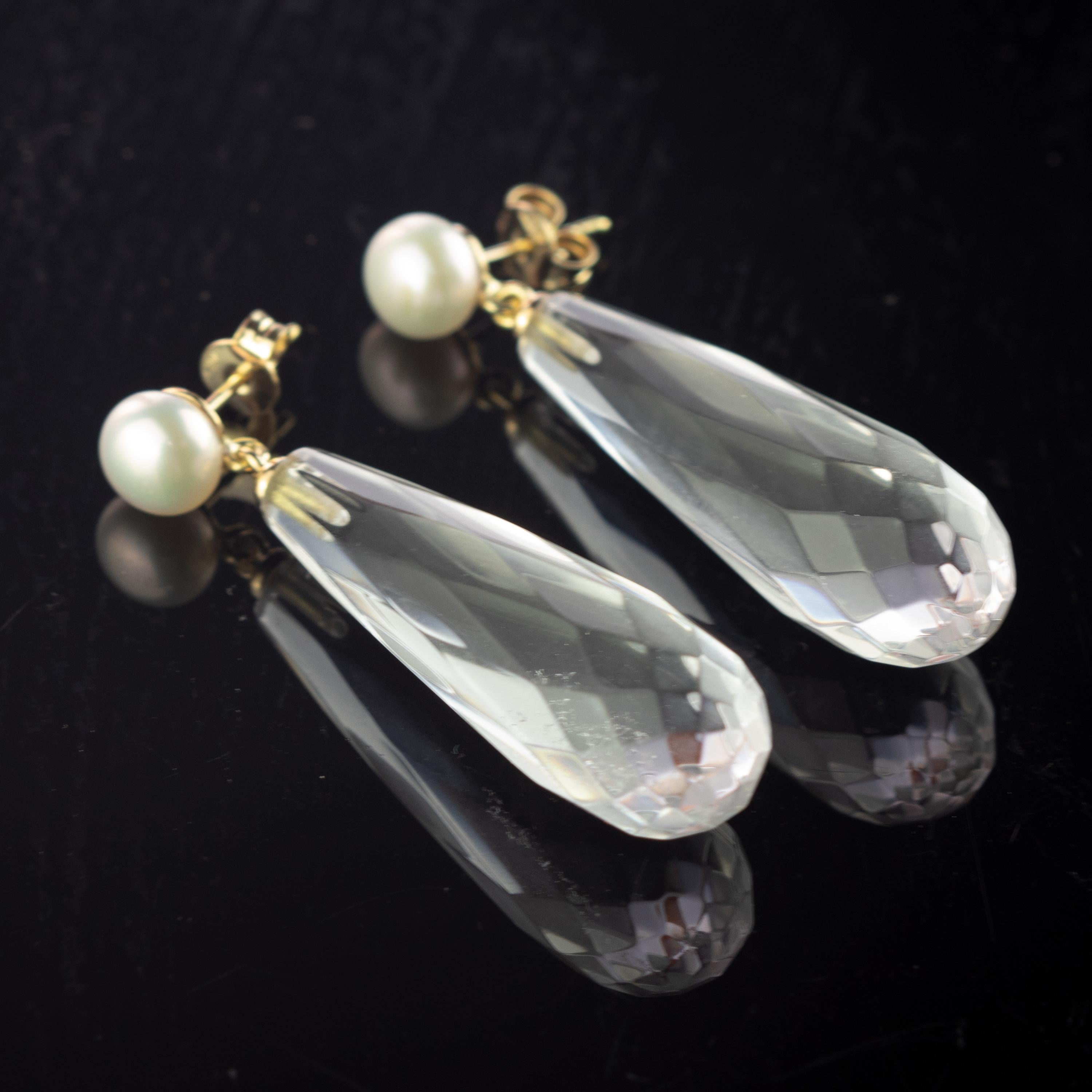 Quartz Rock Crystal Pearl 18 Karat Gold Tear Drop Dangle Modern Italian Earrings For Sale 1