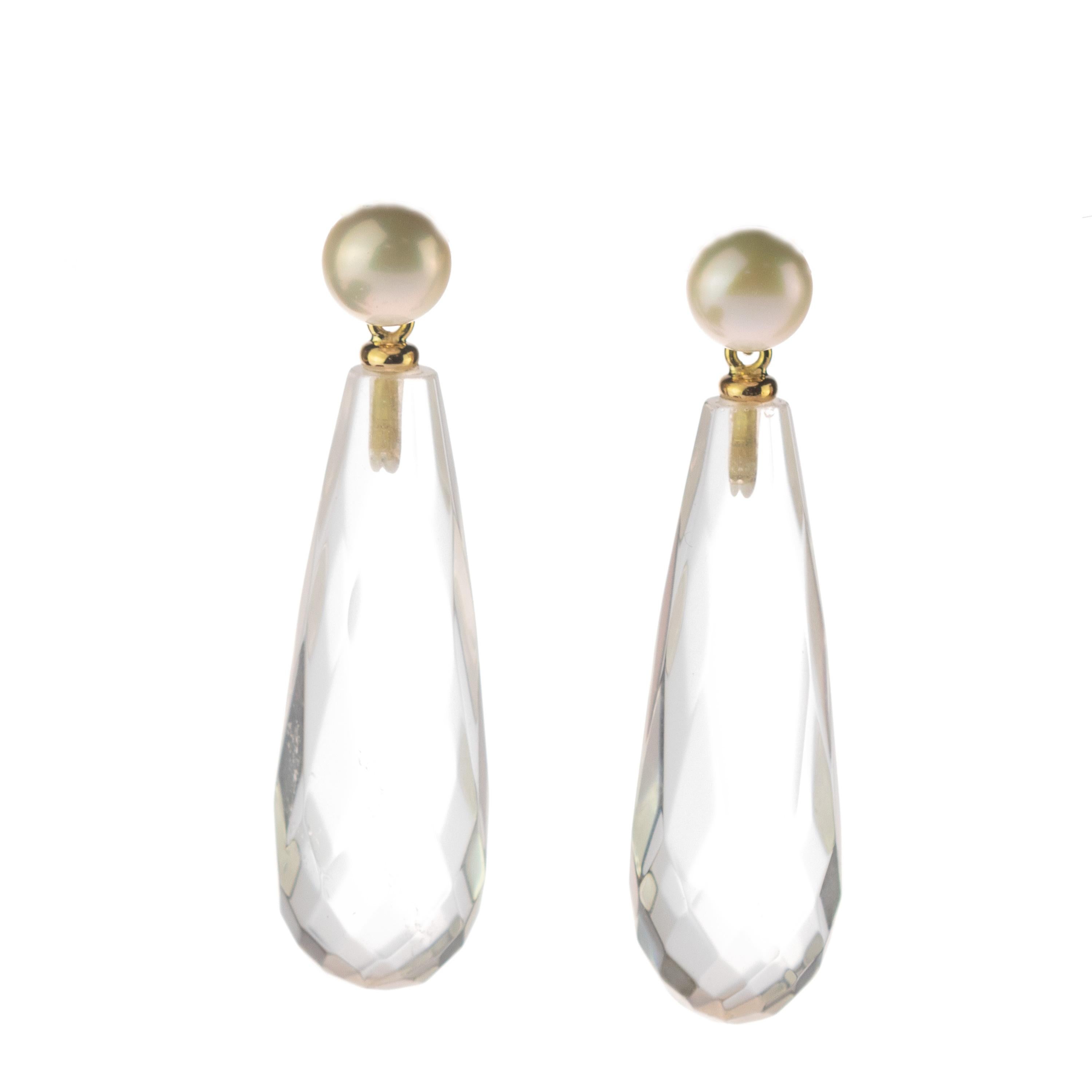 Quartz Rock Crystal Pearl 18 Karat Gold Tear Drop Dangle Modern Italian Earrings For Sale 2