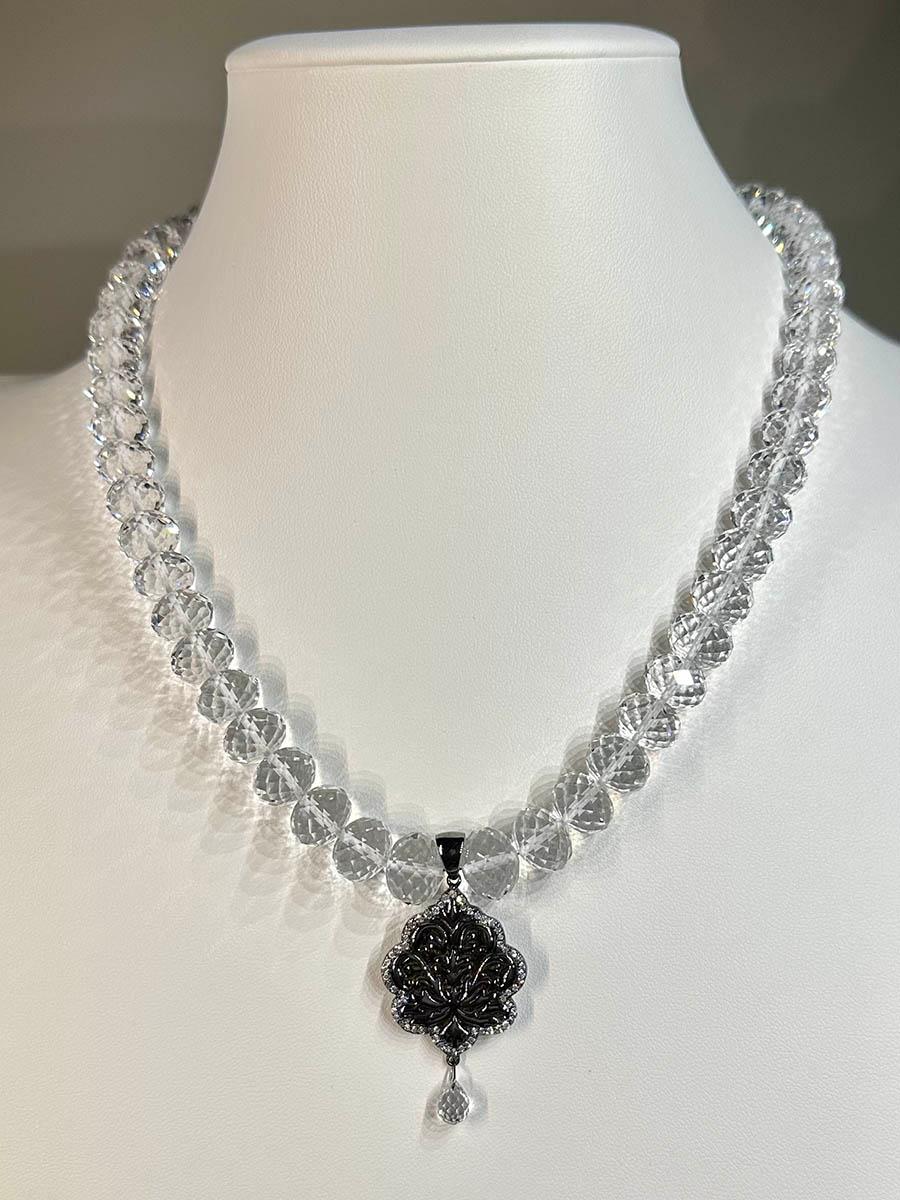 Quartz Rondelle Necklace Set with a Blackened Silver and Sapphire Pendant For Sale 5