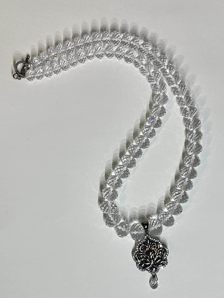 Quartz Rondelle Necklace Set with a Blackened Silver and Sapphire Pendant In New Condition For Sale In Seattle, WA