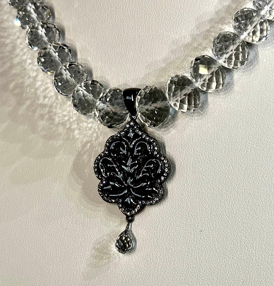 Women's Quartz Rondelle Necklace Set with a Blackened Silver and Sapphire Pendant For Sale
