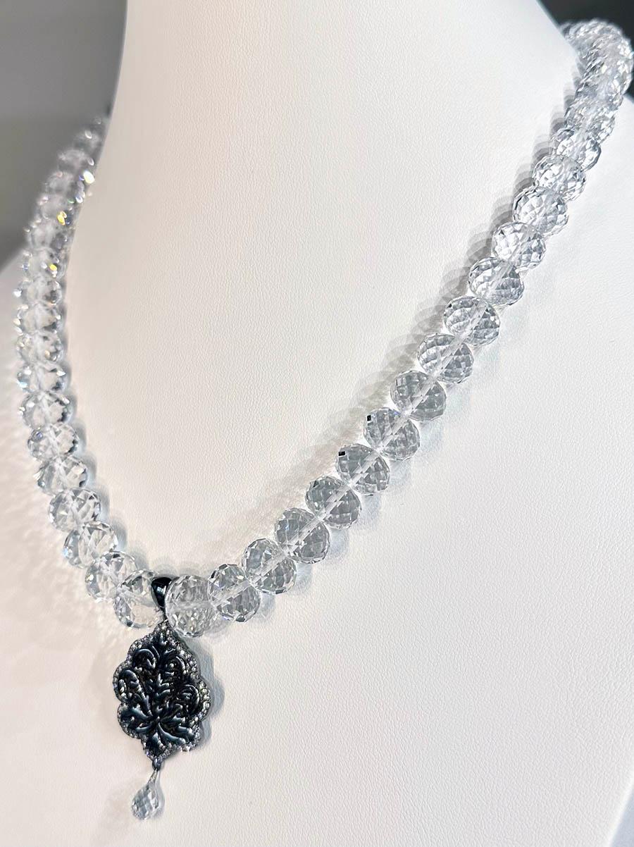 Quartz Rondelle Necklace Set with a Blackened Silver and Sapphire Pendant For Sale 1