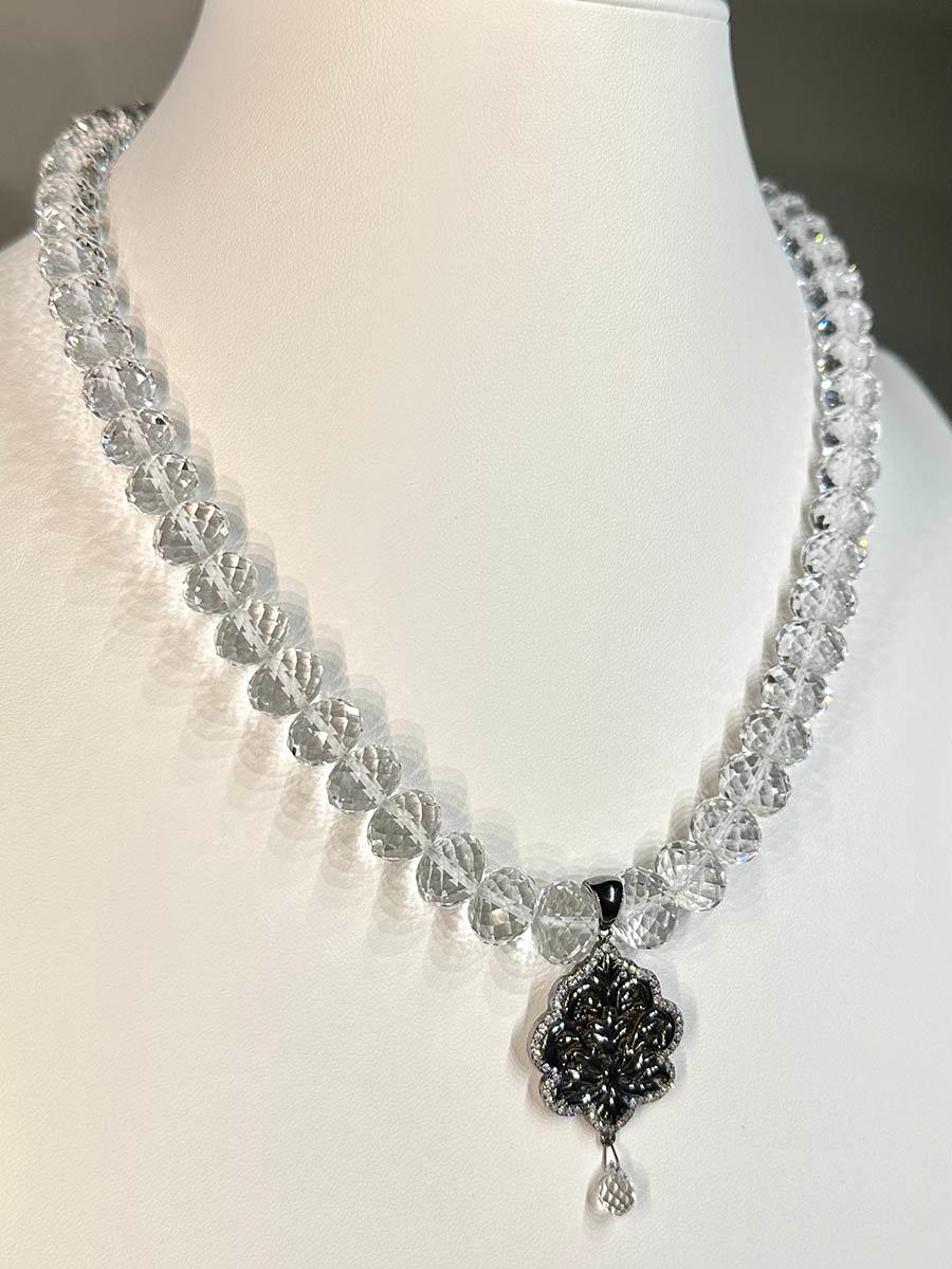 Quartz Rondelle Necklace Set with a Blackened Silver and Sapphire Pendant For Sale 2