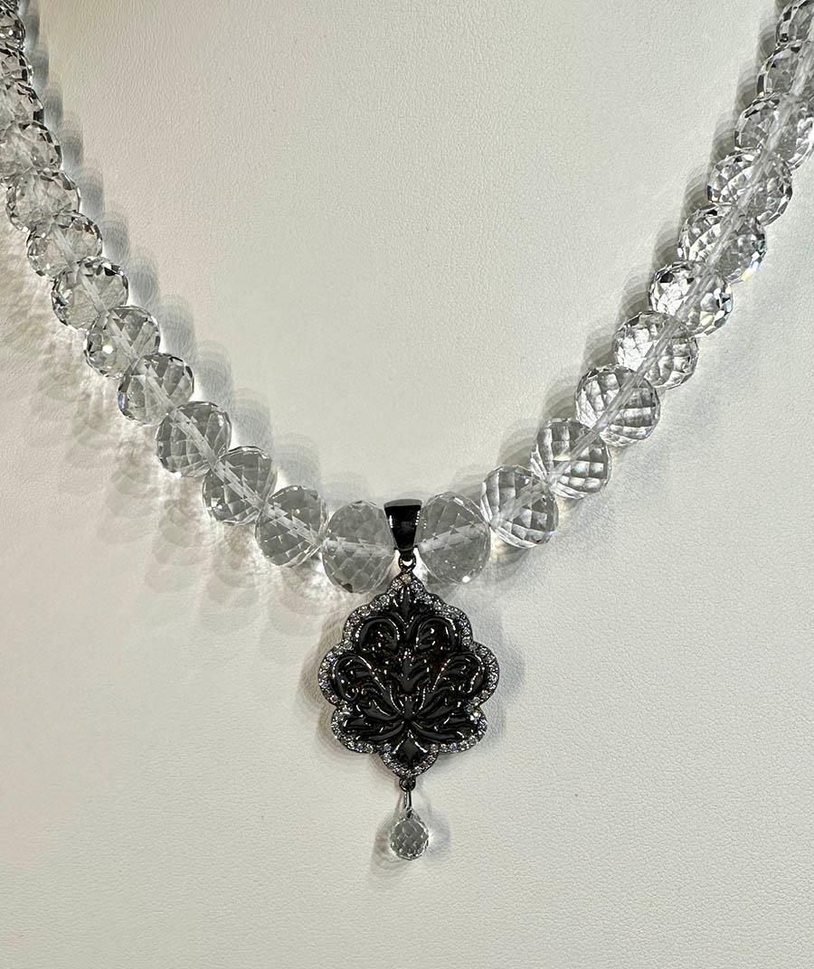 Quartz Rondelle Necklace Set with a Blackened Silver and Sapphire Pendant For Sale 4
