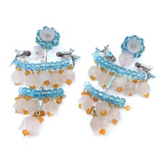 21st Century Sapphires Apatite Birds Oranges Flowers Silver Enameled Earrings
