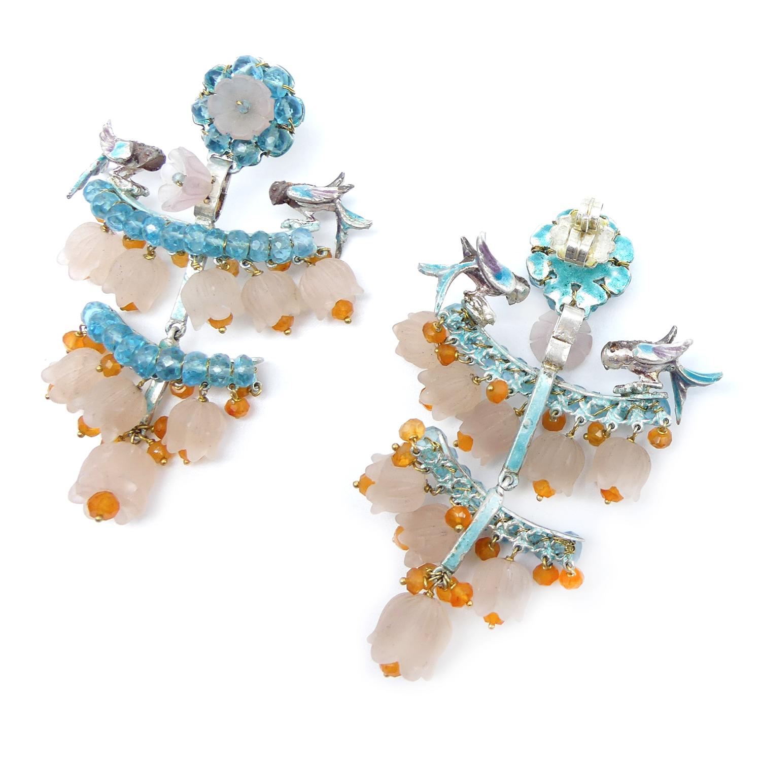 Modern 21st Century Sapphires Apatite Birds Oranges Flowers Silver Enameled Earrings