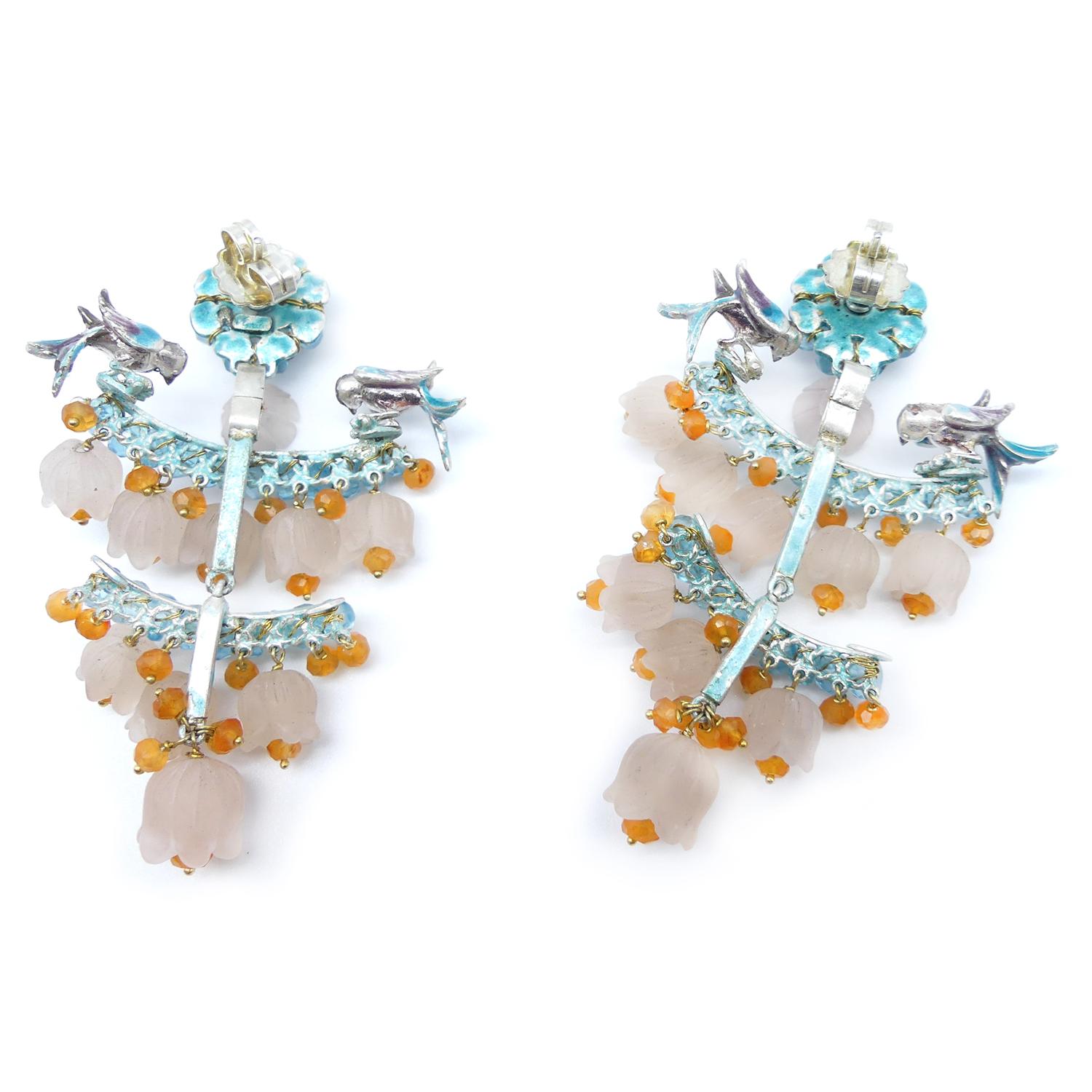 Mixed Cut 21st Century Sapphires Apatite Birds Oranges Flowers Silver Enameled Earrings