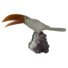 Quartz Stone Toucan Parrot Perched on Amethyst Geode