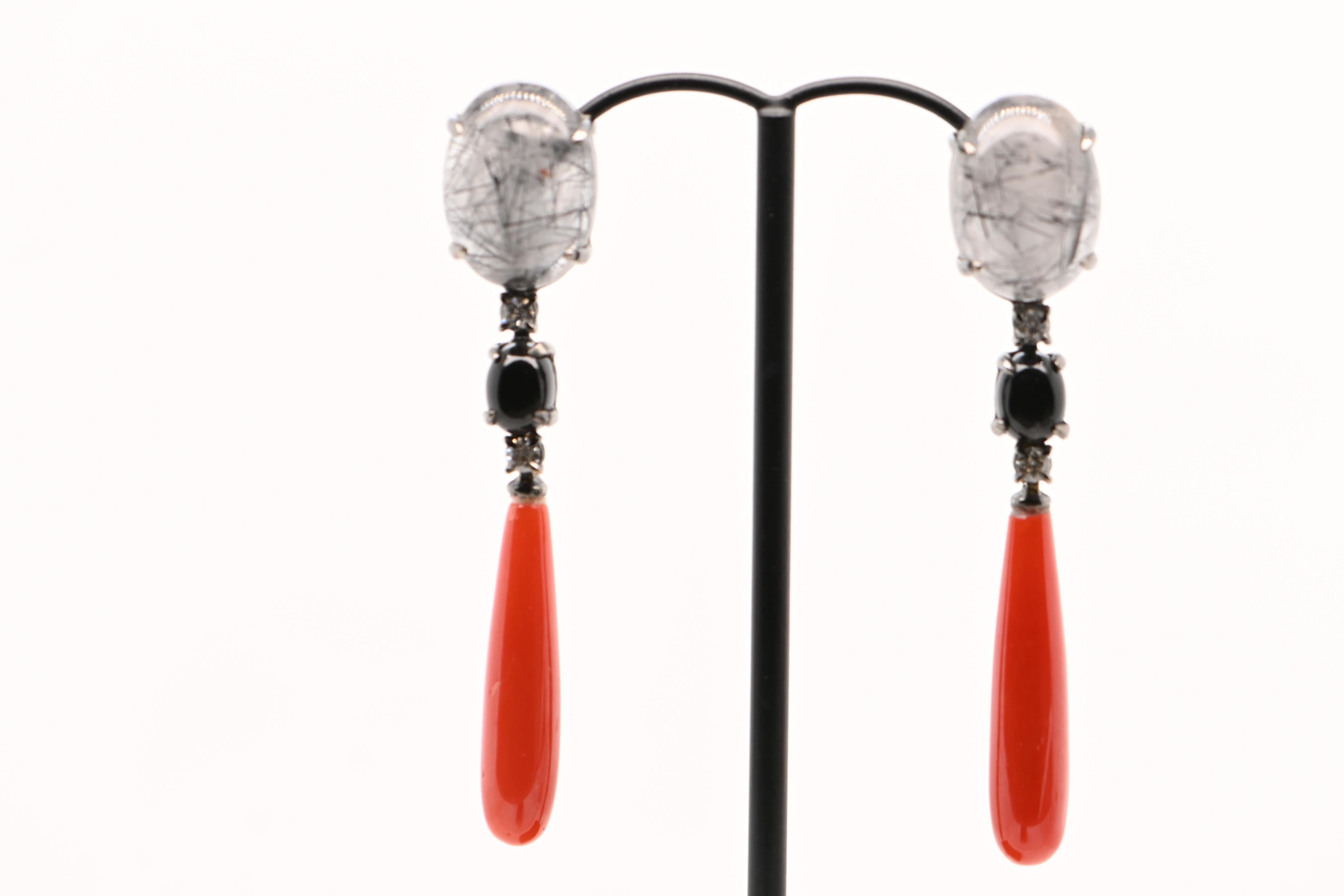 Cabochon Quartz, Tourmaline, Agathe, Diamonds 0.280 Carats Black Gold 18 Carats Earrings For Sale